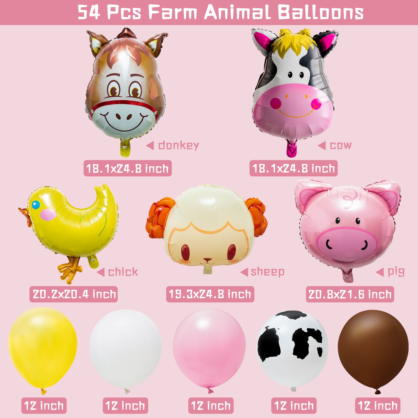 54Pcs Farm Animal Pattern Balloon Decorations Piglet Small Yellow Chicken Cow Sheep Donkey Farm Animal Print Balloon Tower Sculpture Family Photo Booth Courtyard Decoration Farm Theme Party Supplies