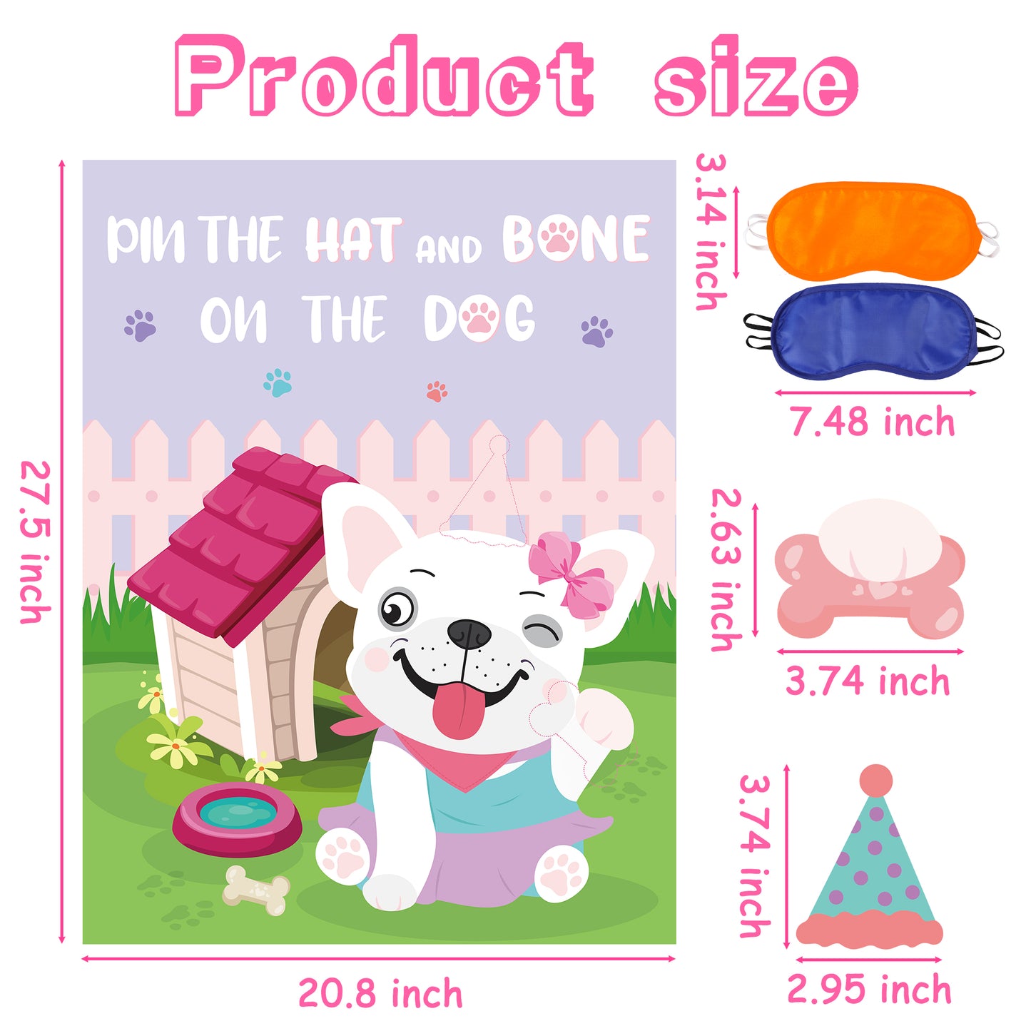 Pink Dog Pin the Hat and Bone On The Dog Party Games Supplies Dog Birthday Party Poster Games for Girl and Kids Animal Theme Christmas Party Favor (Includes 2 Blindfolds)