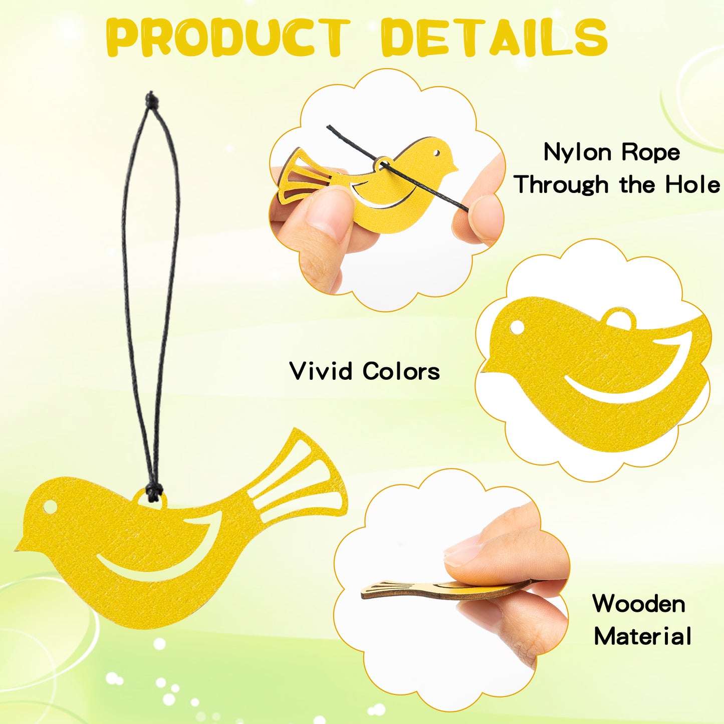 46Pcs Spring Mini Bird Finch Reversible Wooden Hanging Ornament Decorations, Welcome Spring Wood Finch Ornaments Bird Cage Tree Decor Spring Party Supplies, Spring Valentine's Day Gifts for Children