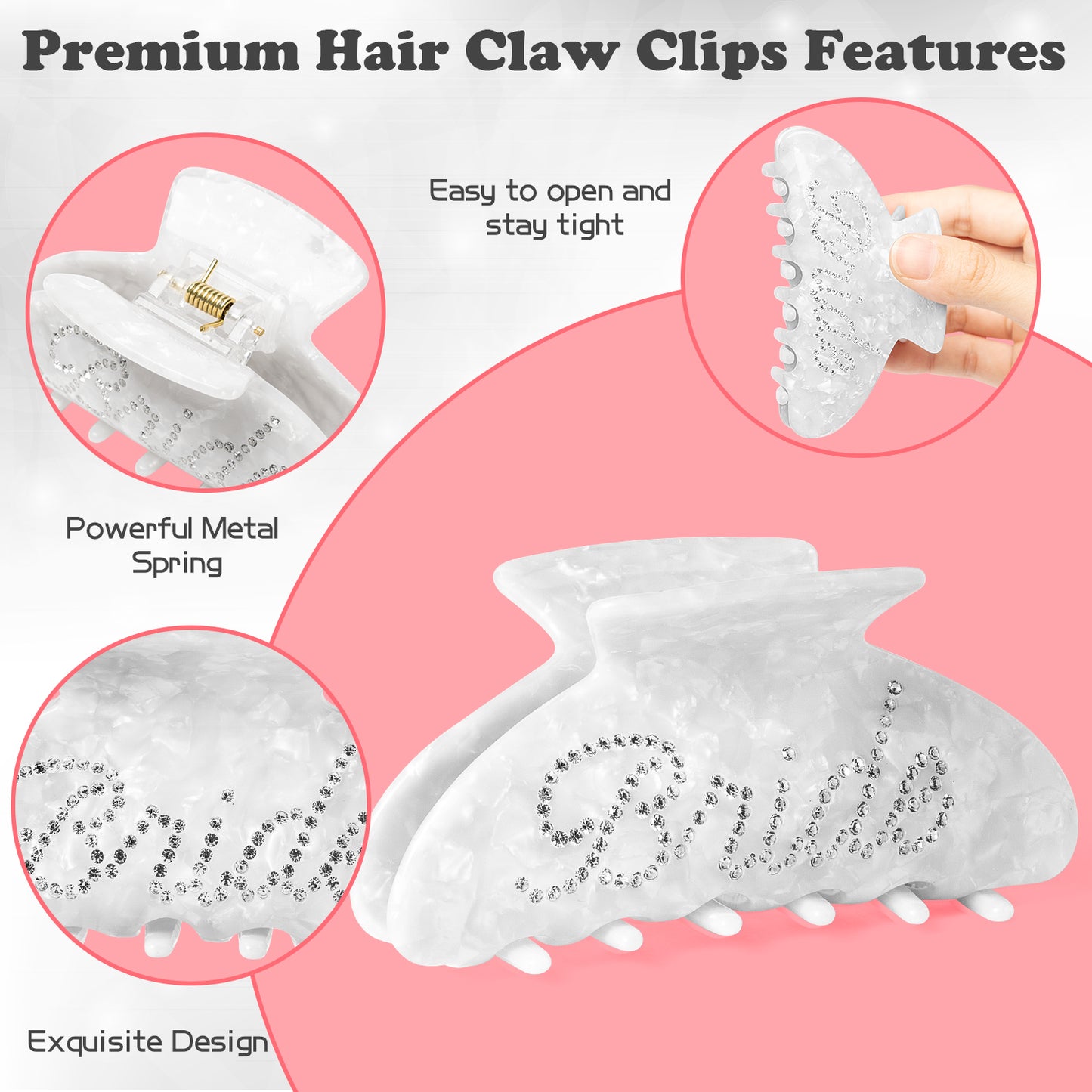 4Pcs Bride Claw Clip White Rhinestone Bride Acrylic Hair Clip Pink Bridesmaid Proposal Gifts Hair Ties Claw Clip Bachelorette Party Favors Bridesmaid Gift for Wedding Parties