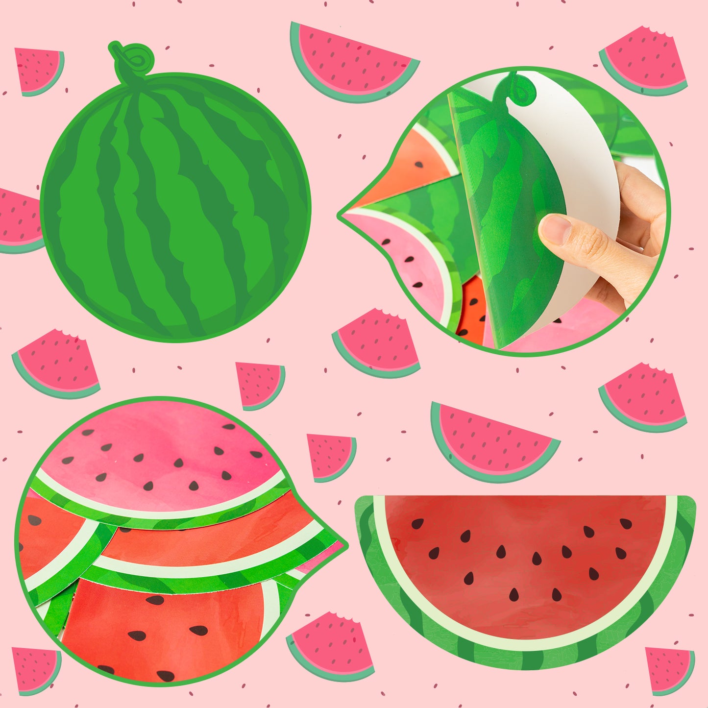 111Pcs Summer Watermelon Fruit Bulletin Board Decoration Cutouts Set Contain Cut Watermelon, Complete Watermelon, Barrel, Border and Words with "We Are One In A Melon" For Summer Holiday Classroom or Home Decoration