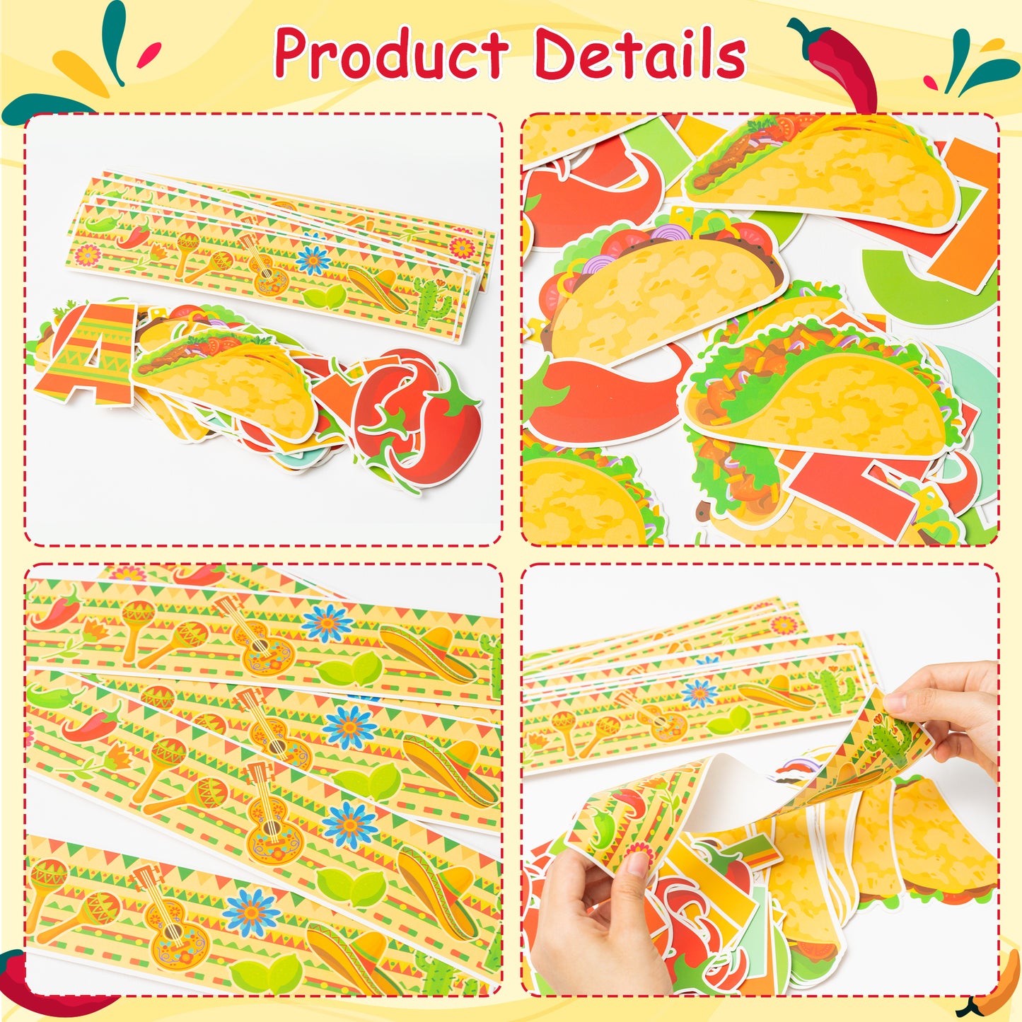116Pcs Mexican Cinco De Mayo Bulletin Board Decoration Cutouts Set Contain Characters, Fried Tortillas, Chili, Border and Characters with Taco‘Bout A Great Class for Classroom or Home Decoration