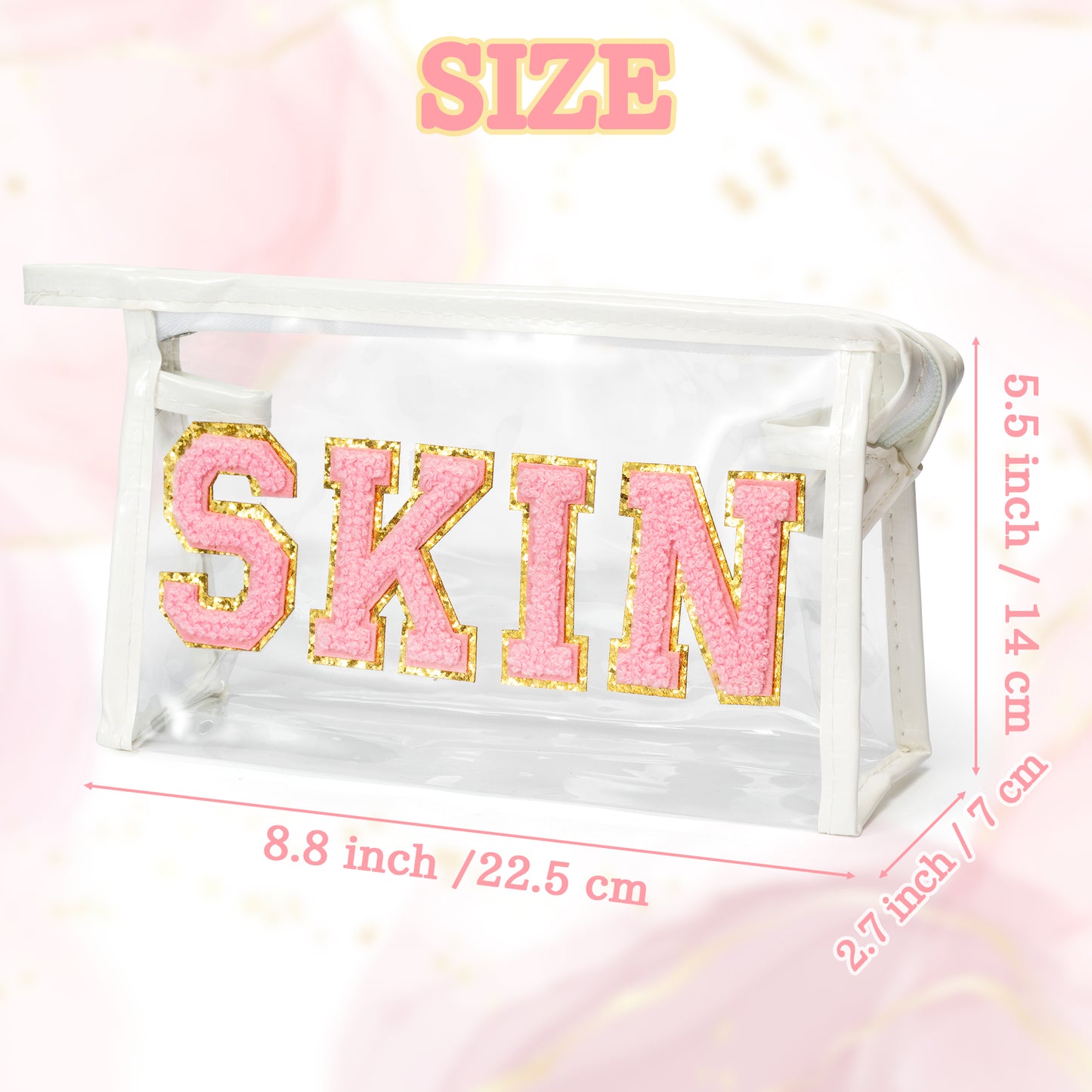 Preppy Patch SKIN Bag Varsity Letter Cosmetic Toiletry Bag Aesthetic Waterproof Portable Cosmetic Bag Daily Use Clutch Purse Transparent PVC Zipper Care Bag Travel Party Makeup Bag for Women Girls
