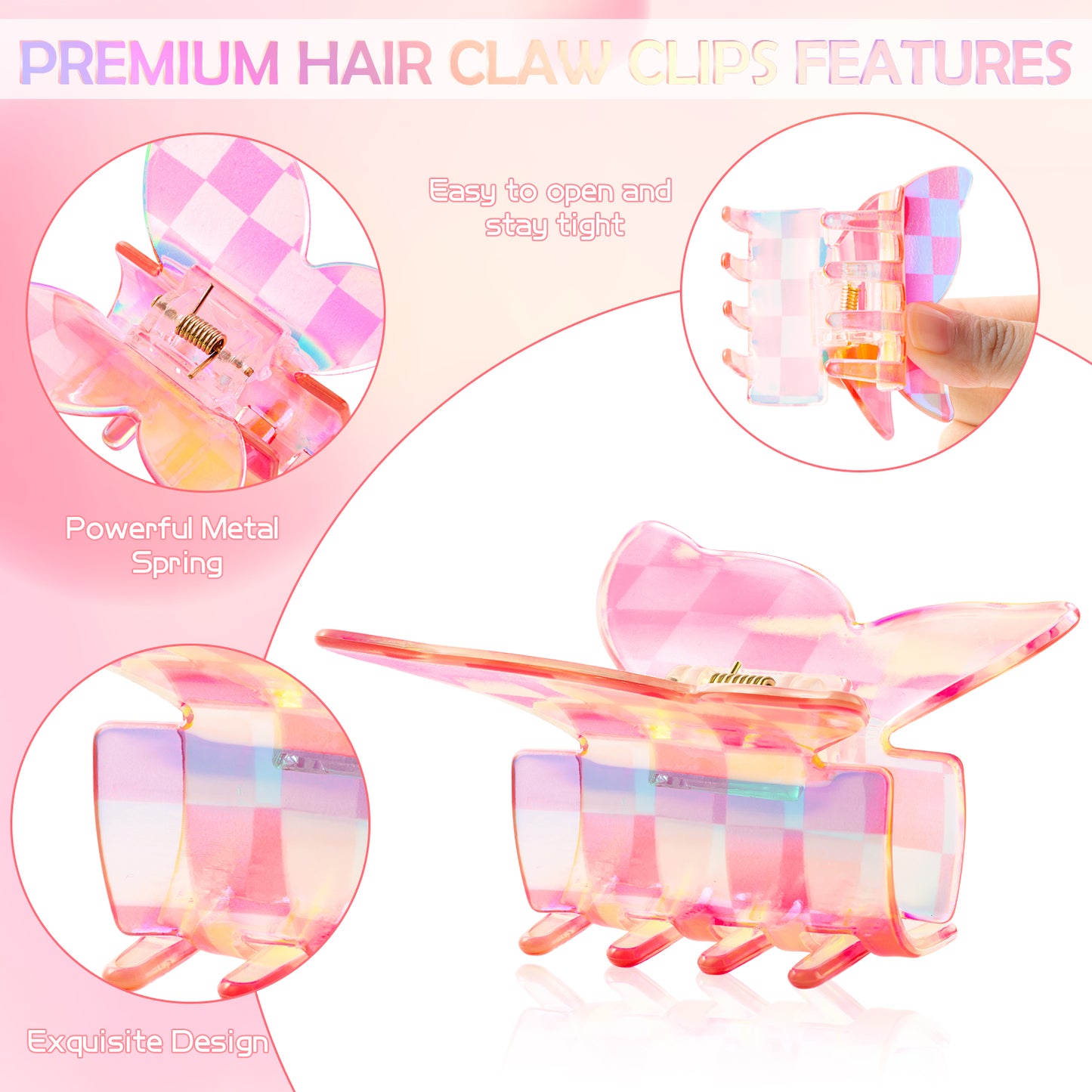 5PCS Checkered Butterfly Hair Clips, Vintage Girls Butterfly Hair Clips Steady Square Claw Clips Big Hair Claw Clips for Thick Thin Curly Straight Long Hair, French Fashion Cute Hair Clamps for Women