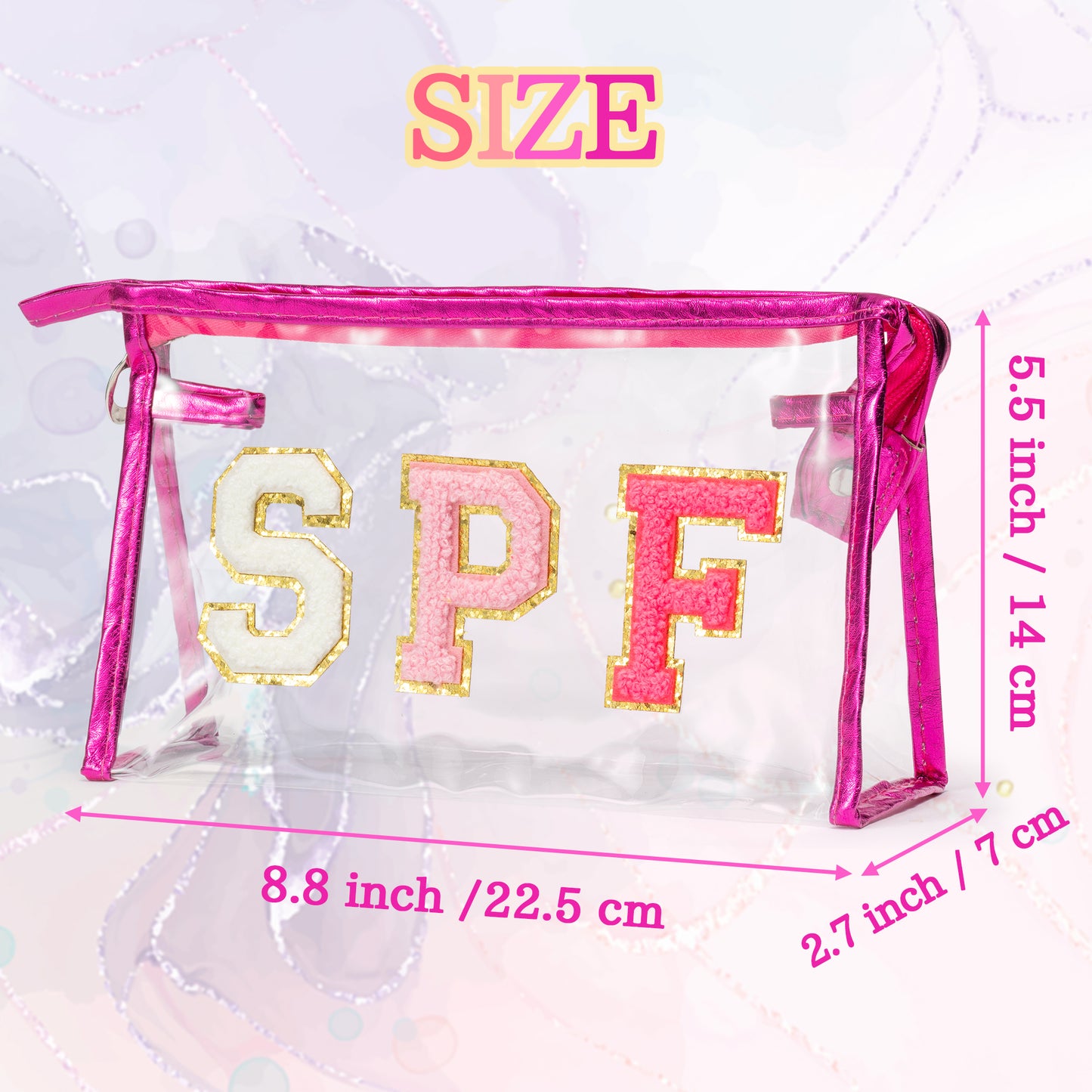 Preppy Patch SPF Varsity Letter Cosmetic Toiletry Bag Aesthetic Waterproof Portable Cosmetic Bag Transparent PVC Zipper Bag Daily Use Clutch Purse Travel Party Makeup Bag for Women Girls (Rose Red)