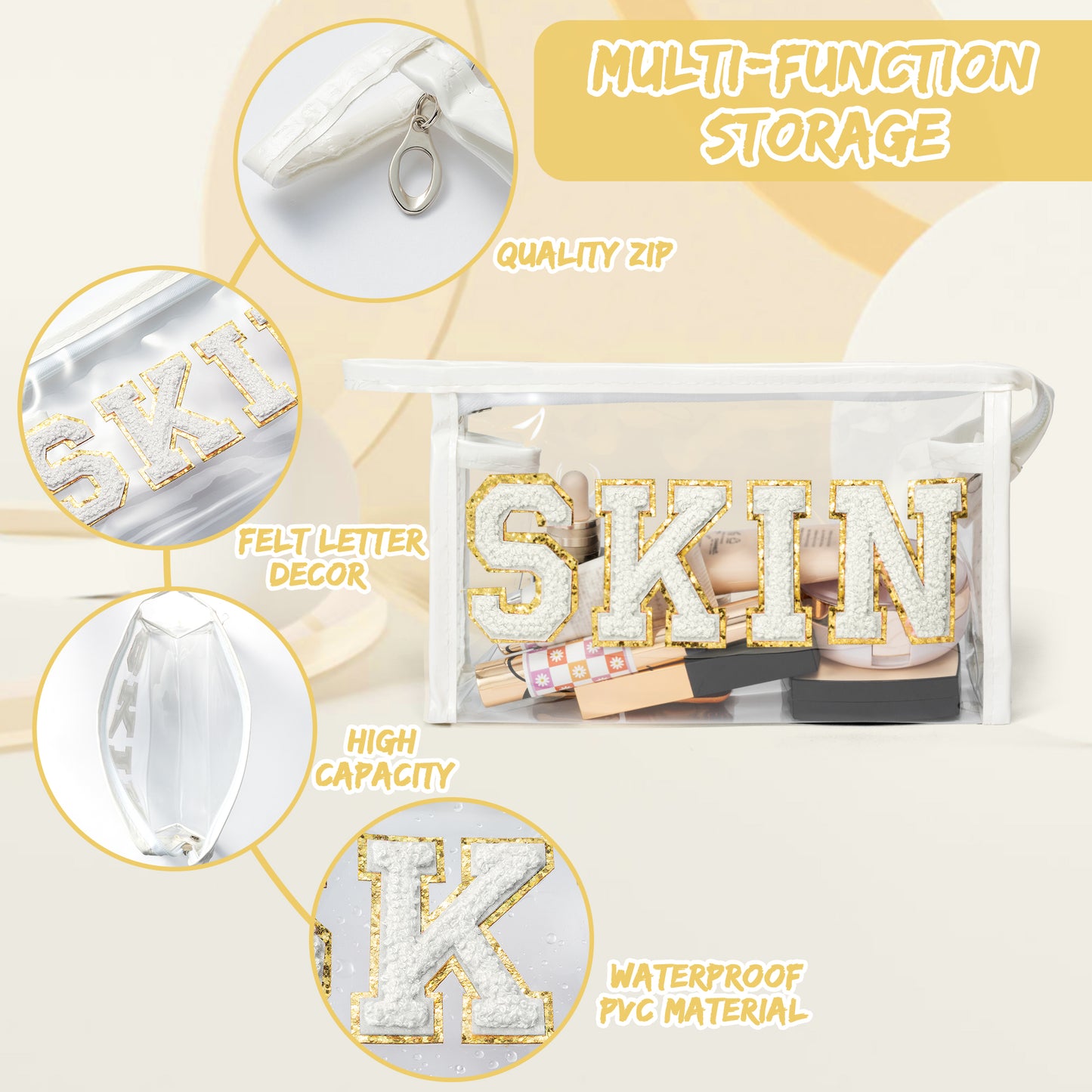 Preppy Patch SKIN Bag Varsity Letter Cosmetic Toiletry Bag Aesthetic Waterproof Portable Cosmetic Bag Daily Use Clutch Purse Transparent PVC Zipper Care Bag Travel Party Makeup Bag for Women Girls