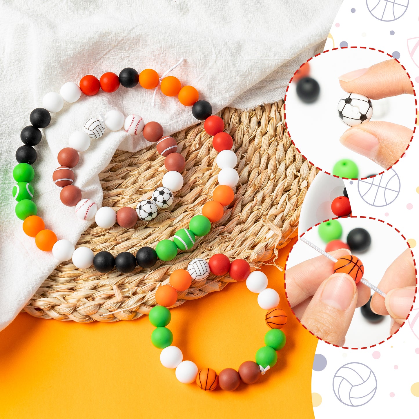 81Pcs DIY Silicone Sport Craft Beads Sports Ball Set, Football, Volleyball, Soccer Ball, Basketball, Tennis Ball and Baseball Patterns for DIY Crafts Bracelets Necklaces Jewelry Making for Boys Girls