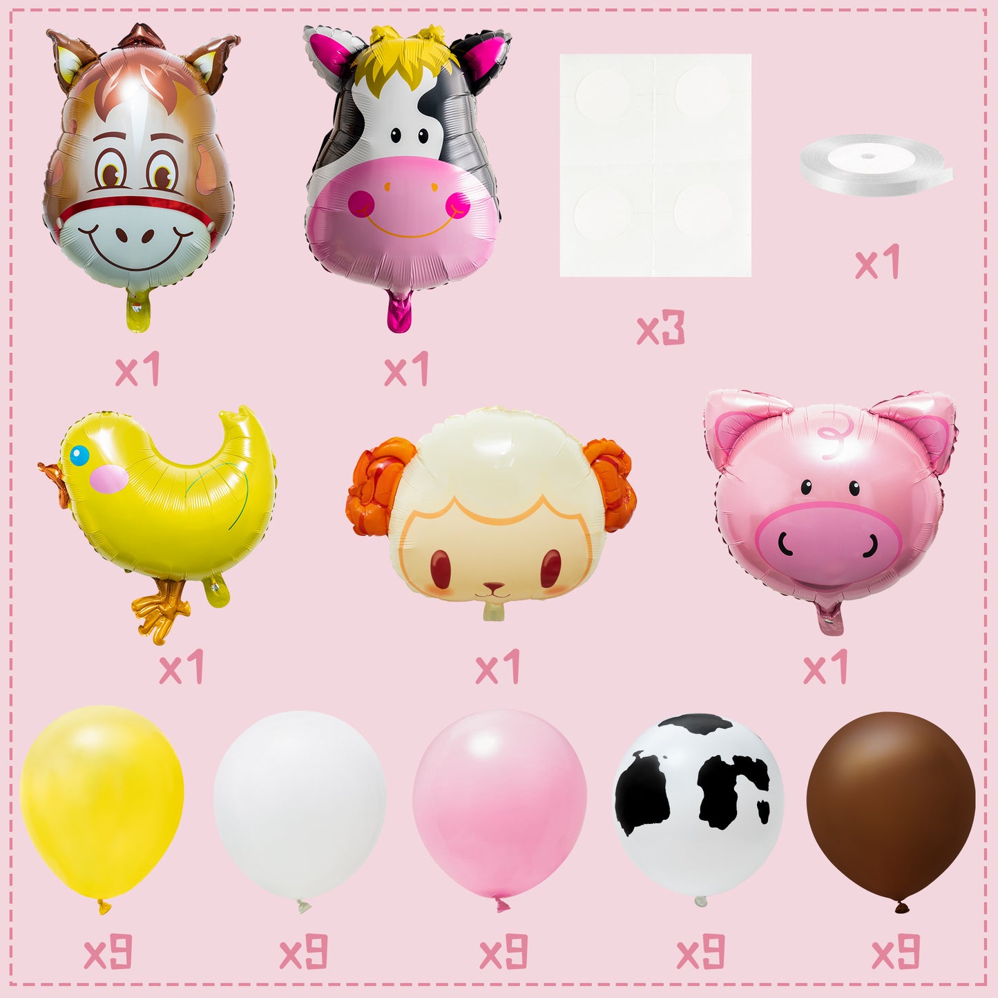 54Pcs Farm Animal Pattern Balloon Decorations Piglet Small Yellow Chicken Cow Sheep Donkey Farm Animal Print Balloon Tower Sculpture Family Photo Booth Courtyard Decoration Farm Theme Party Supplies