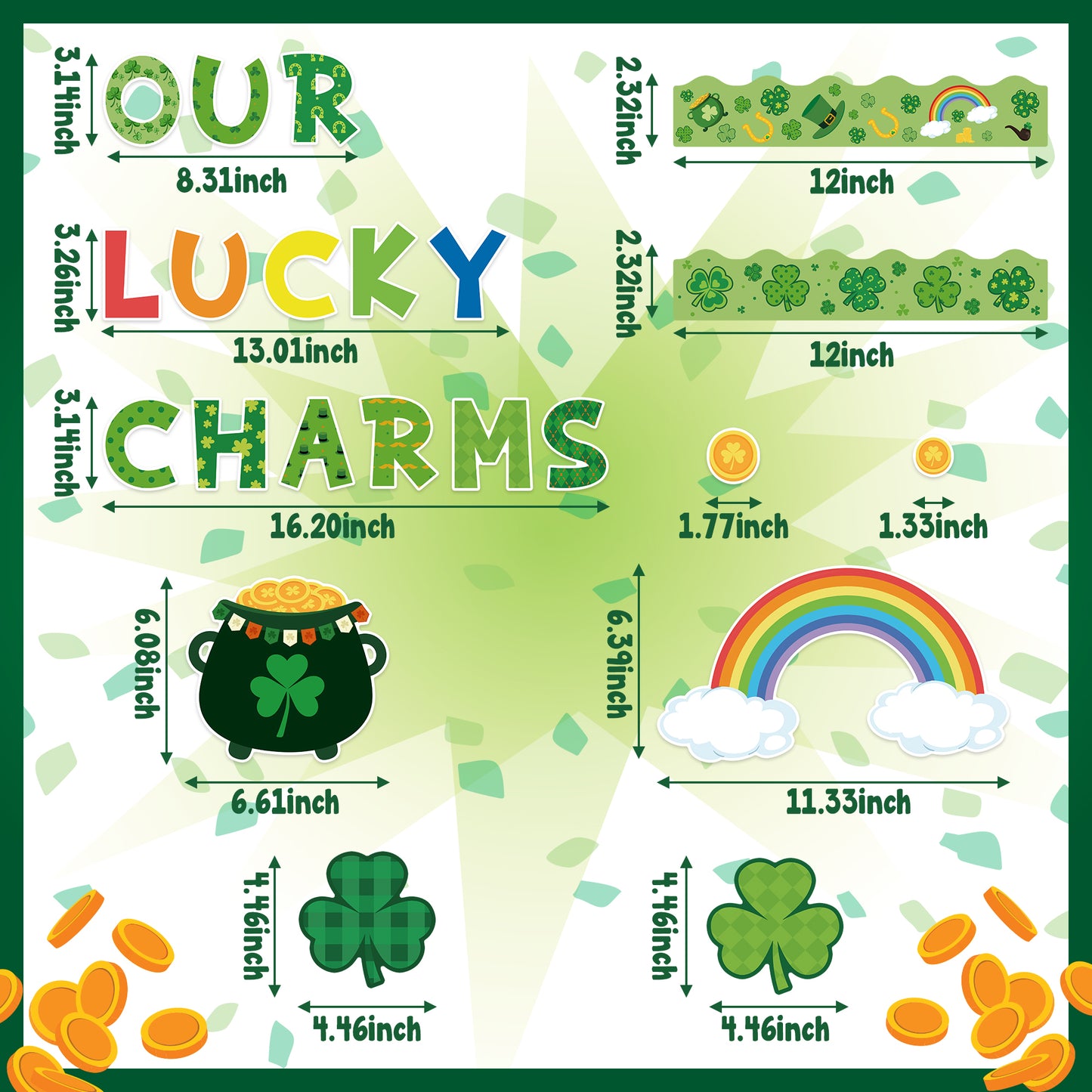 121Pcs St.Patrick Day Shamrock Bulletin Board Decoration Cutouts Set Contain Clover, Gold, Rainbow, Stockpot, Border with Characters About Our Lucky Charms Happy St.Patrick and Home Decoration