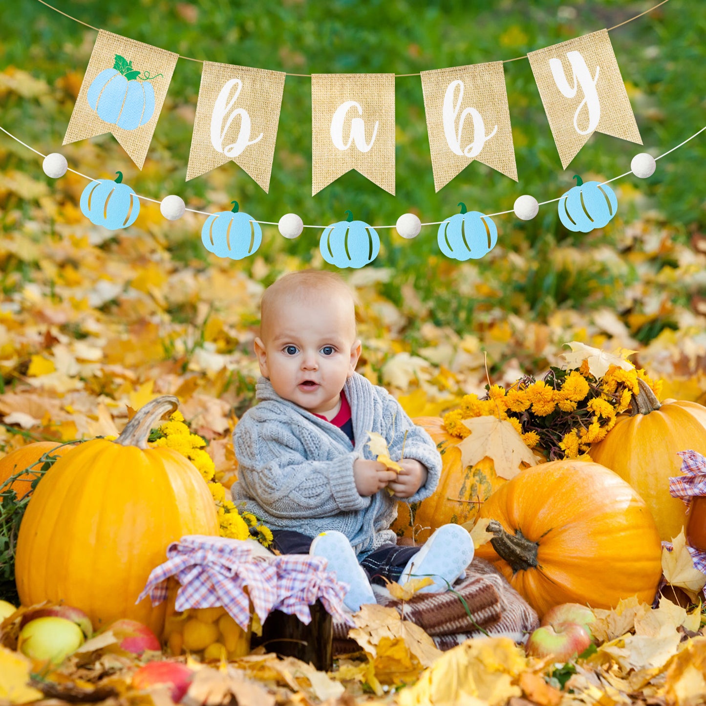 2Pcs Blue Pumpkin Banner Fall Baby Shower Burlap Garland Rustic Season Little Pumpkin Banner Pull Flag Fall Baby Shower Birthday theme Party Wall Decor