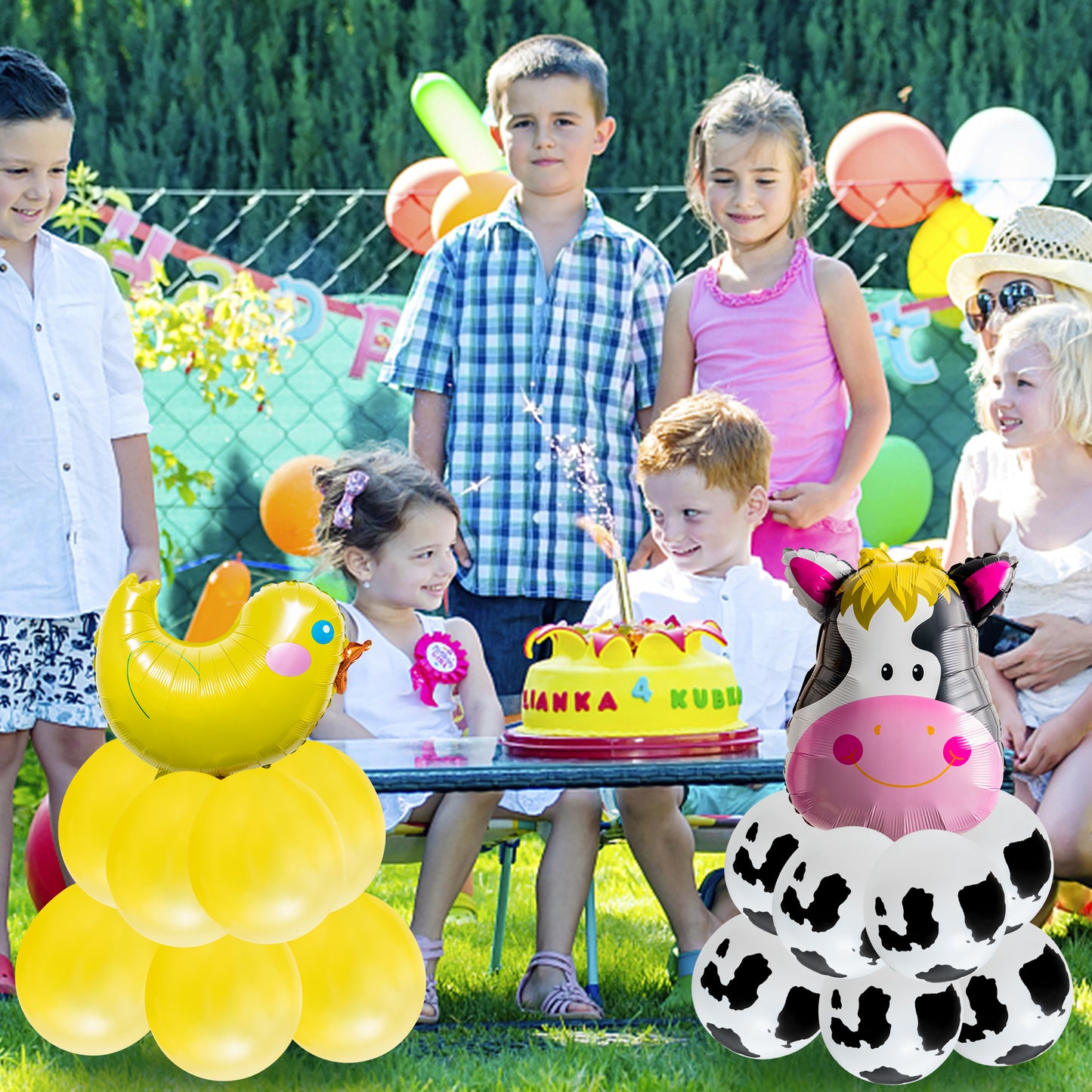 54Pcs Farm Animal Pattern Balloon Decorations Piglet Small Yellow Chicken Cow Sheep Donkey Farm Animal Print Balloon Tower Sculpture Family Photo Booth Courtyard Decoration Farm Theme Party Supplies