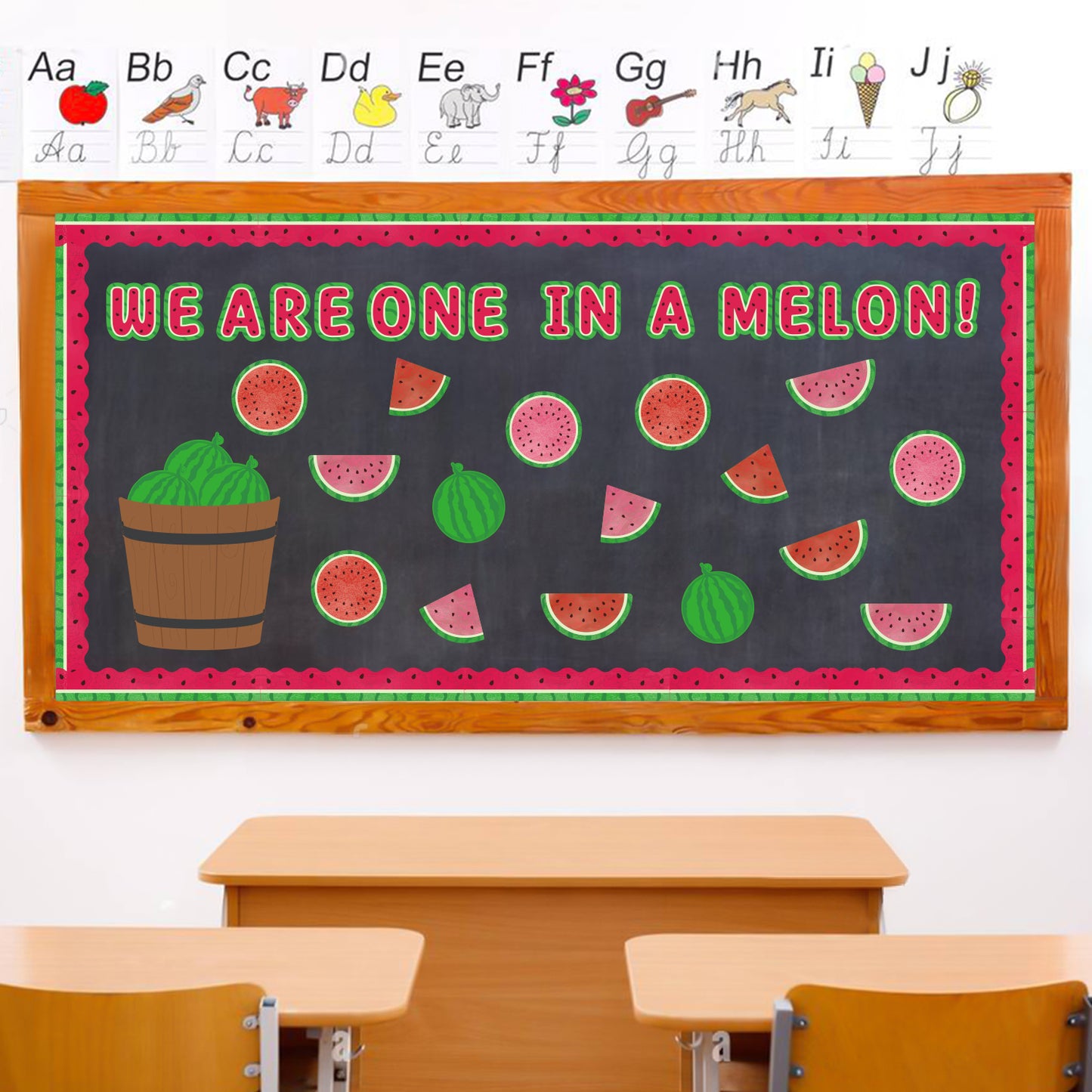 111Pcs Summer Watermelon Fruit Bulletin Board Decoration Cutouts Set Contain Cut Watermelon, Complete Watermelon, Barrel, Border and Words with "We Are One In A Melon" For Summer Holiday Classroom or Home Decoration