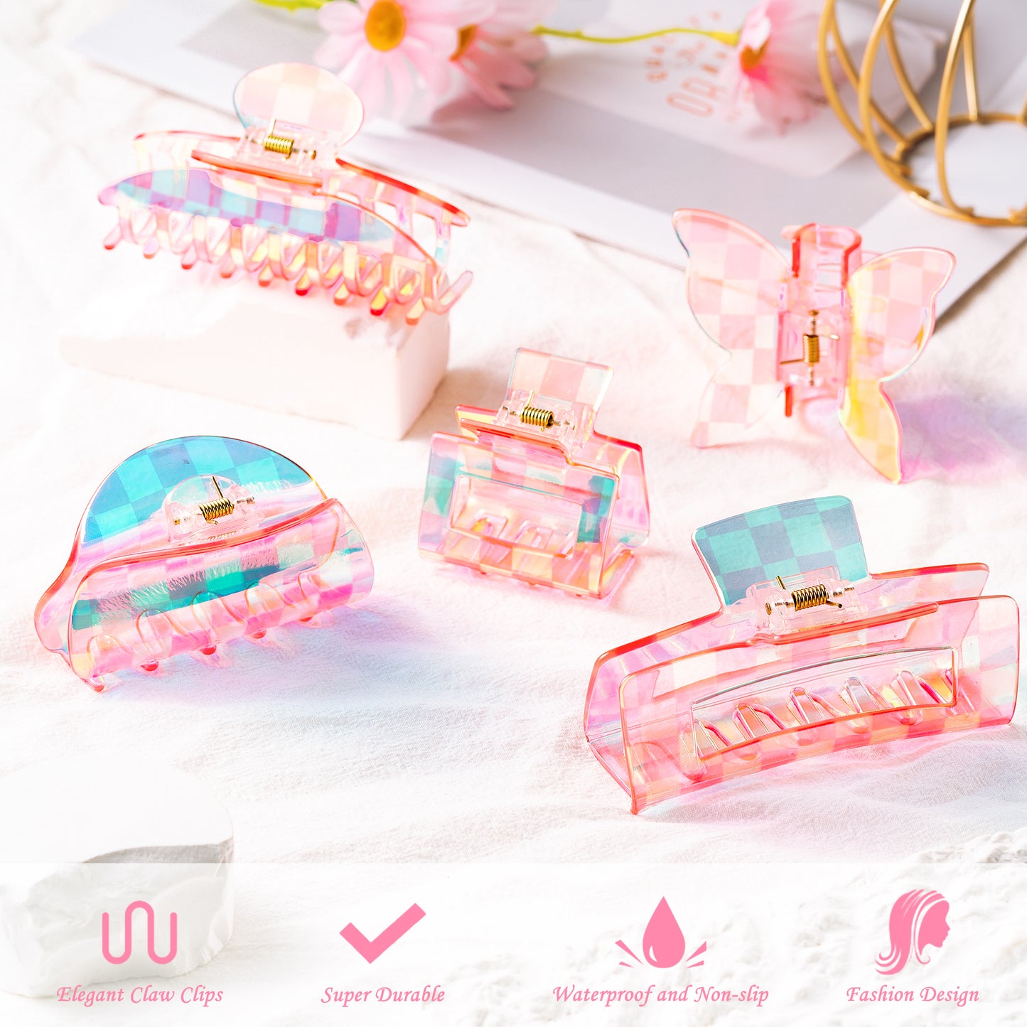 5PCS Checkered Butterfly Hair Clips, Vintage Girls Butterfly Hair Clips Steady Square Claw Clips Big Hair Claw Clips for Thick Thin Curly Straight Long Hair, French Fashion Cute Hair Clamps for Women