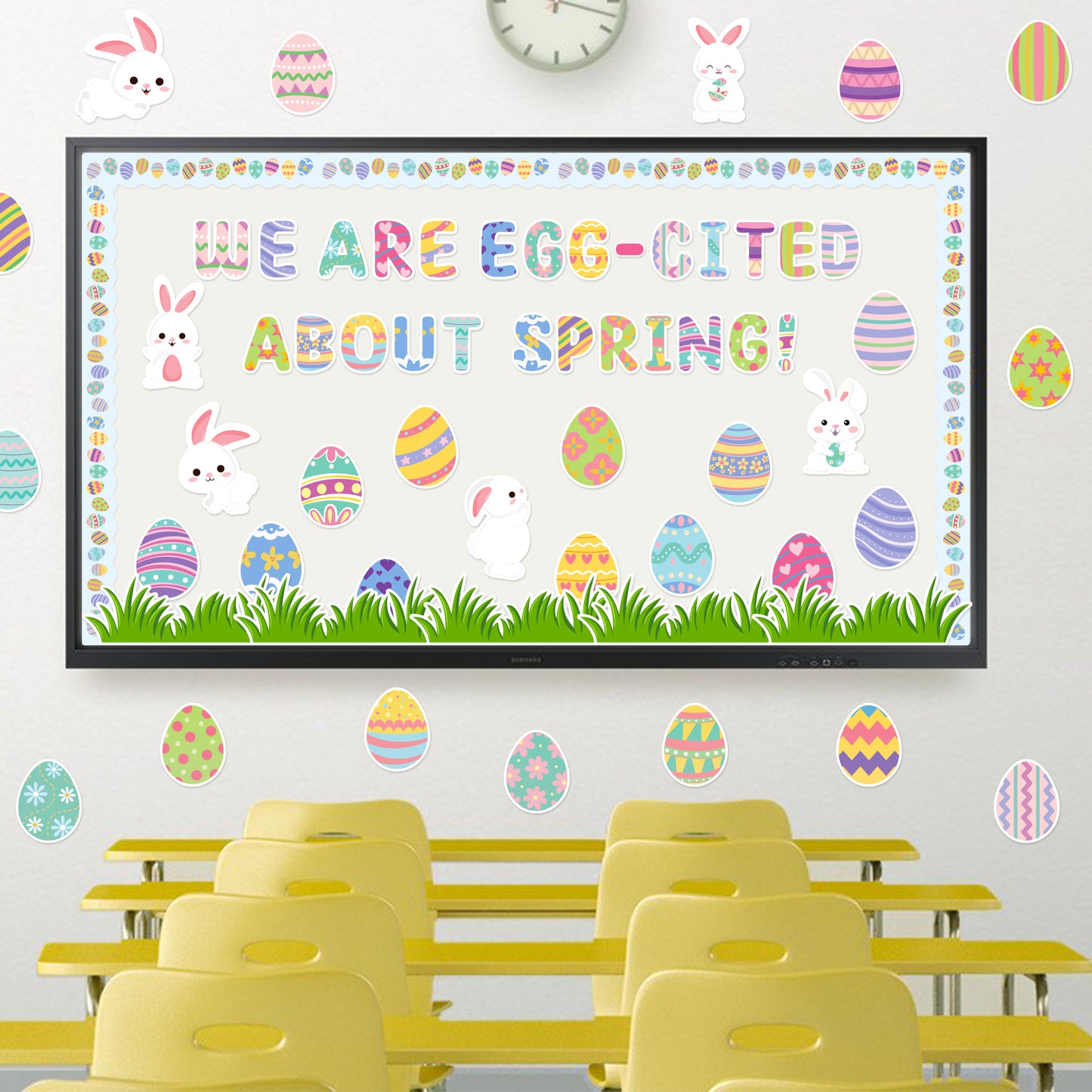 139Pcs Easter Bunny Spring Egg Bulletin Board Decoration Cutouts Set Contain Easter Egg, Bunny, Grass, Border, Cut-Outs with We are Egg Cited About Spring Character Happy Easter and Spring Season Visit the AsodSway Store