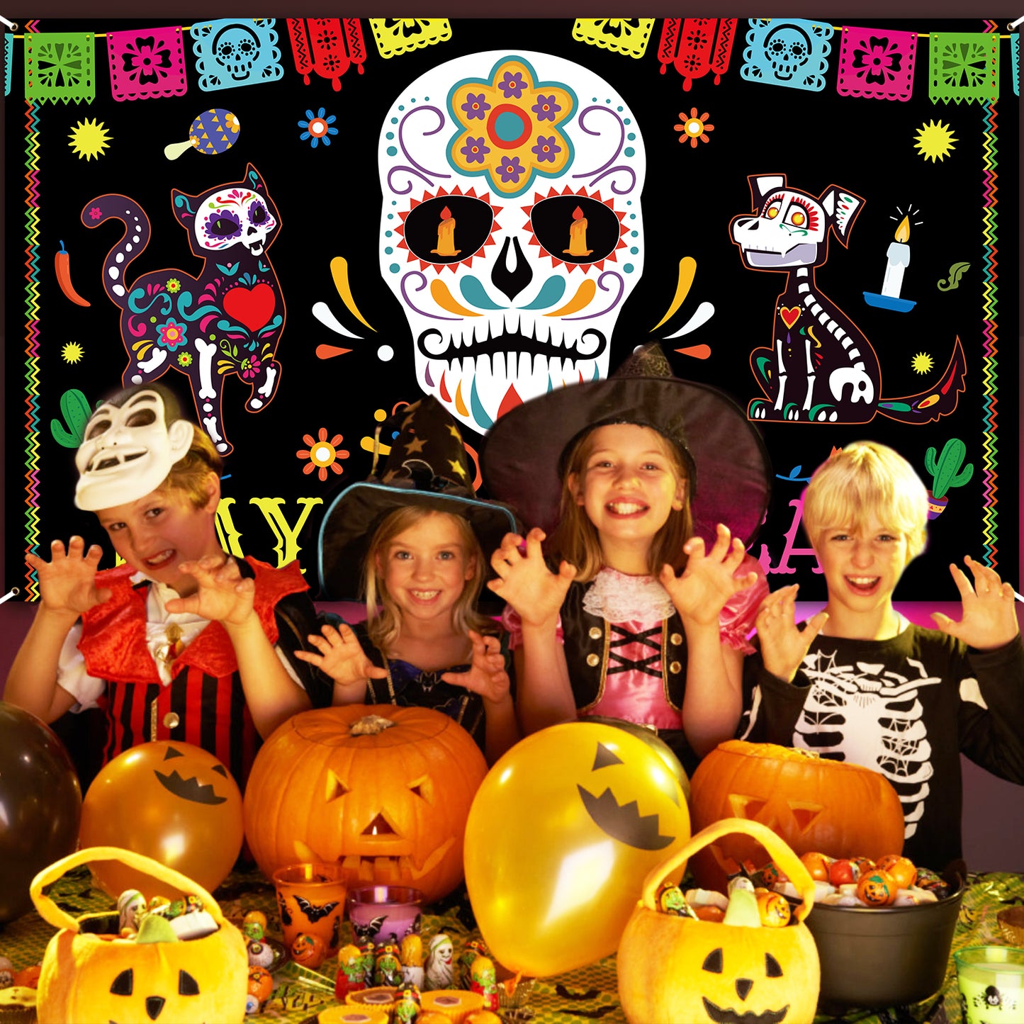 Day of The Dead Backdrop Banner Christmas Birthday Party Background Extra Large Backdrops Dia DE Los Muertos Night Supplies for Indoor Outdoor Photo Booth Props New Year Gifts