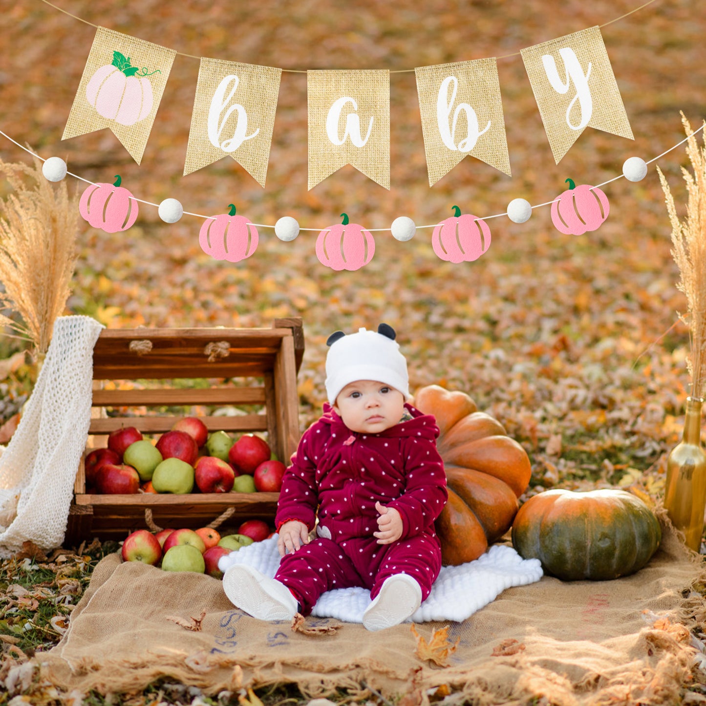 2Pcs Pink Pumpkin Baby Banner Fall Baby Shower Burlap Garland Rustic Season Little Pumpkin Banner Pull Flag Fall Baby Shower Birthday theme Party Wall Decor