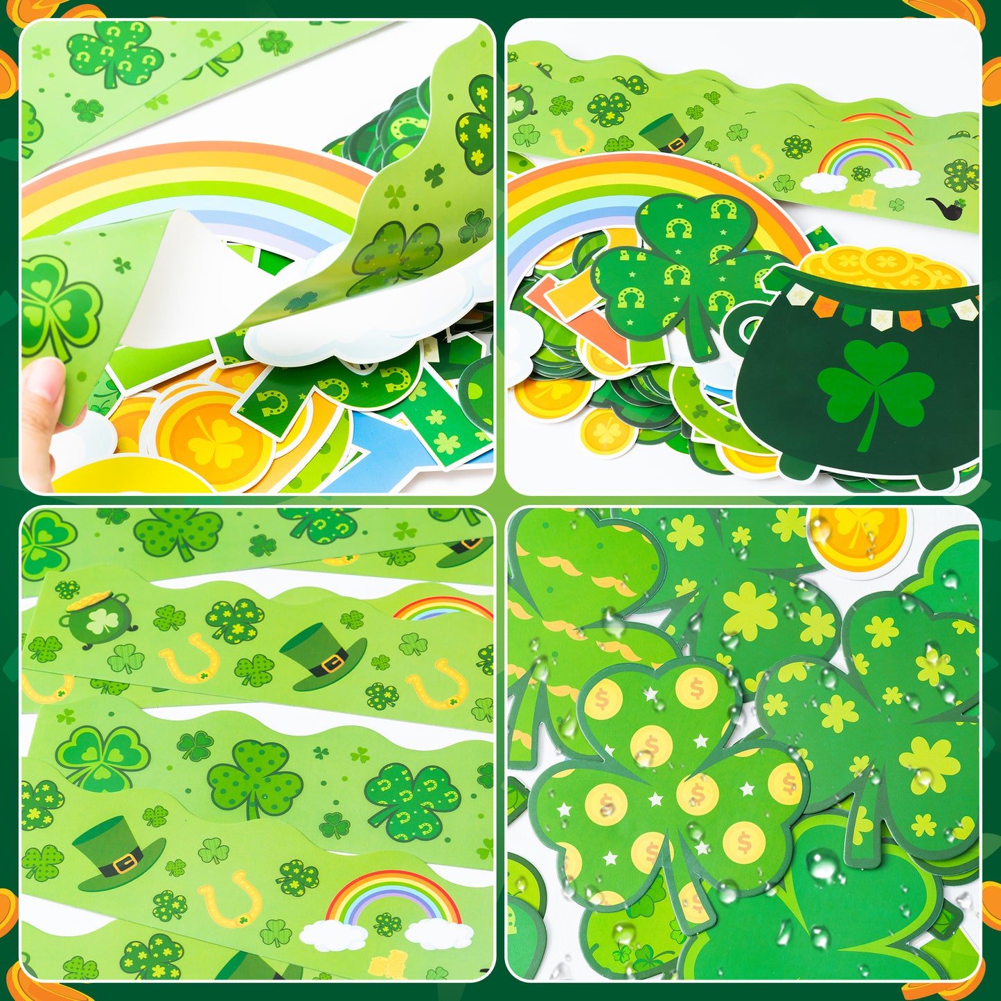 121Pcs St.Patrick Day Shamrock Bulletin Board Decoration Cutouts Set Contain Clover, Gold, Rainbow, Stockpot, Border with Characters About Our Lucky Charms Happy St.Patrick and Home Decoration