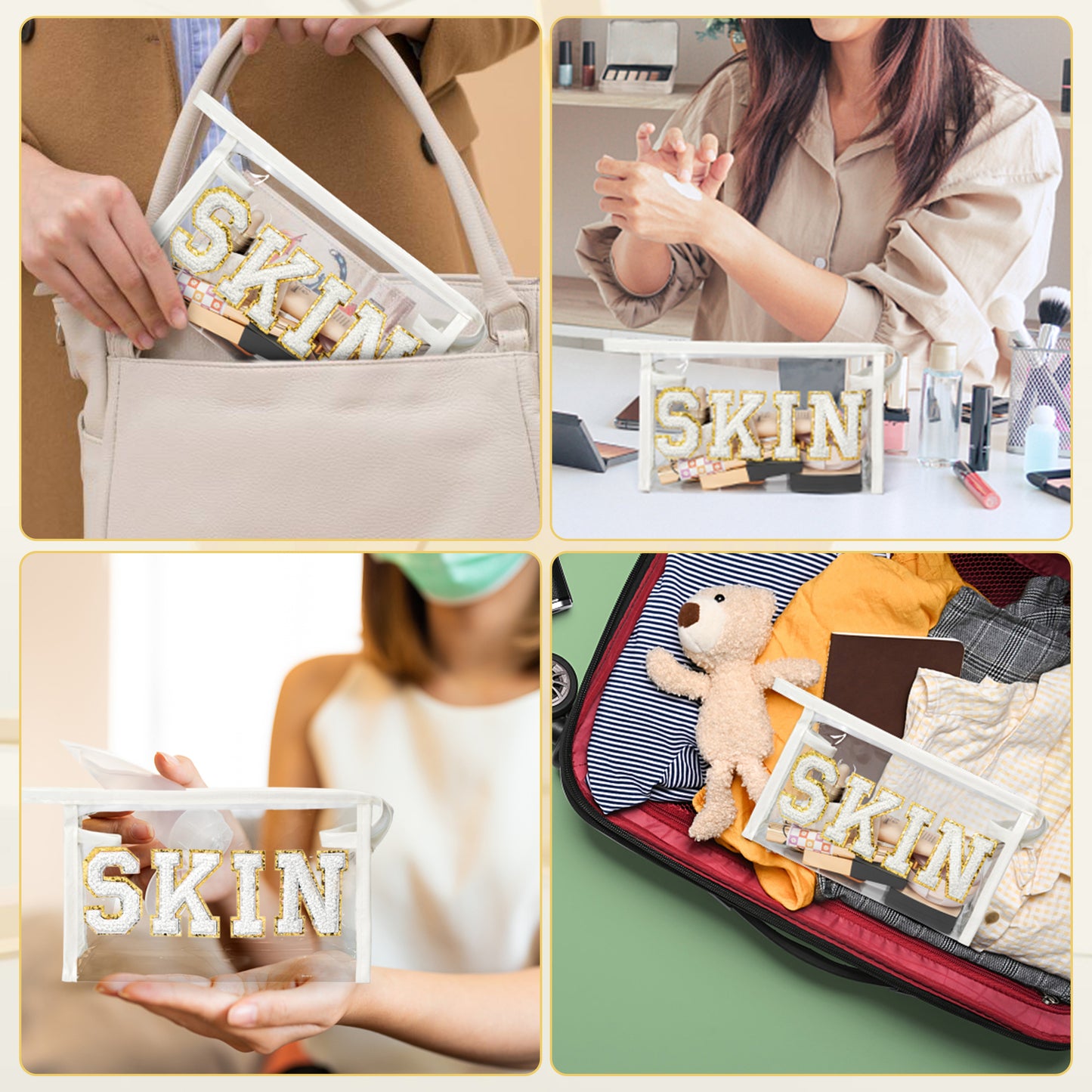 Preppy Patch SKIN Bag Varsity Letter Cosmetic Toiletry Bag Aesthetic Waterproof Portable Cosmetic Bag Daily Use Clutch Purse Transparent PVC Zipper Care Bag Travel Party Makeup Bag for Women Girls