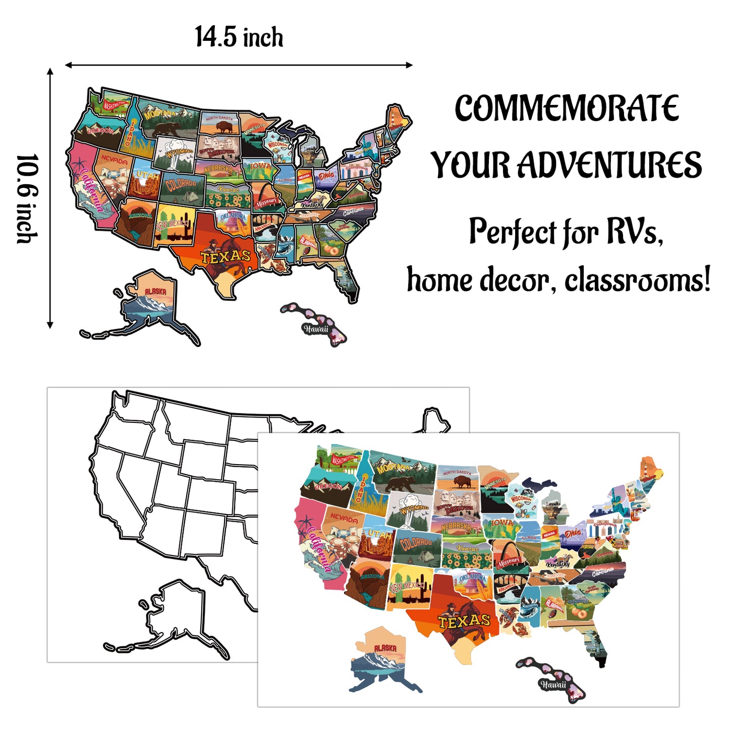 RV State Travel USA Map Sticker, United States Stickers Vinyl Map RV Decals Travel Trailer Camper Map of America Waterproof Decals for Window, Door or Wall, United States Map Decal with State Stickers Trip Camper Trailer Accessories