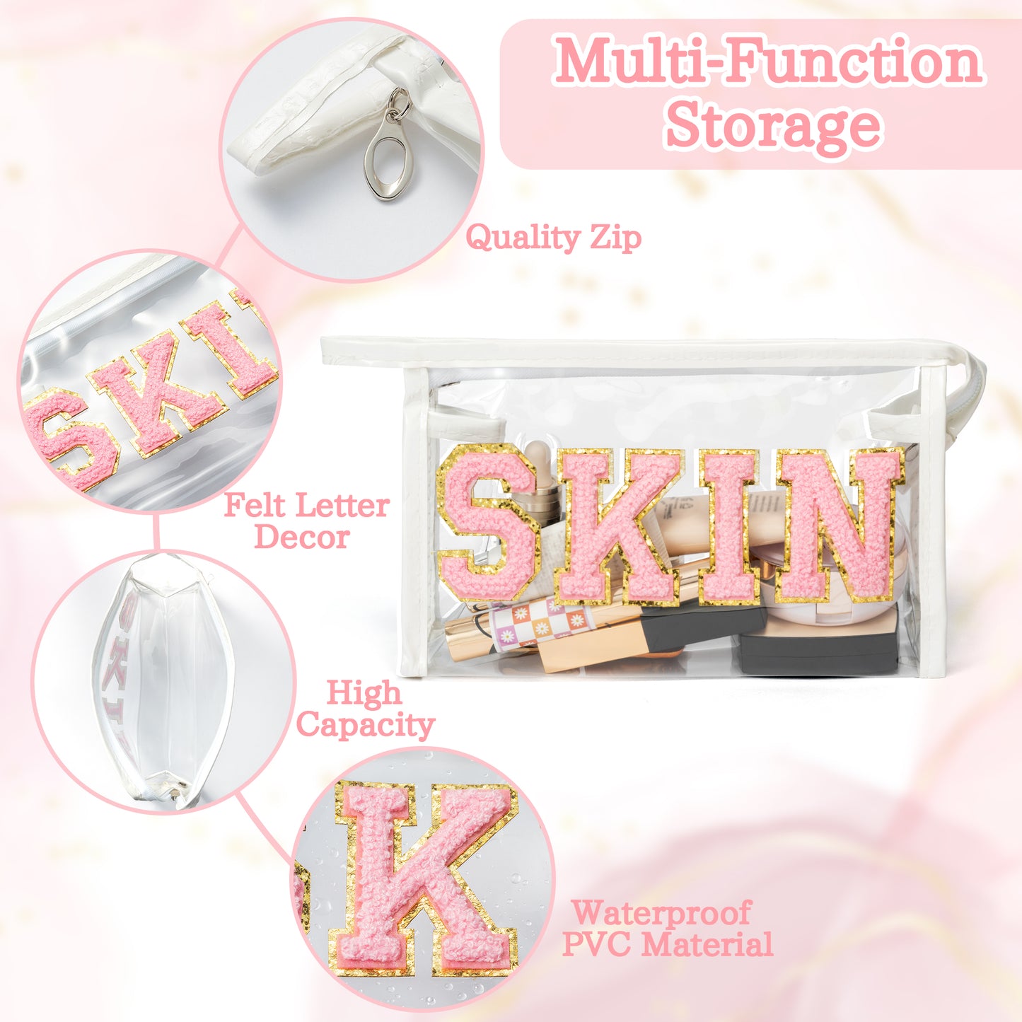 Preppy Patch SKIN Bag Varsity Letter Cosmetic Toiletry Bag Aesthetic Waterproof Portable Cosmetic Bag Daily Use Clutch Purse Transparent PVC Zipper Care Bag Travel Party Makeup Bag for Women Girls