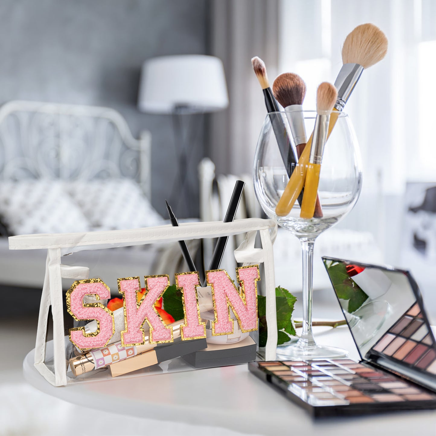 Preppy Patch SKIN Bag Varsity Letter Cosmetic Toiletry Bag Aesthetic Waterproof Portable Cosmetic Bag Daily Use Clutch Purse Transparent PVC Zipper Care Bag Travel Party Makeup Bag for Women Girls