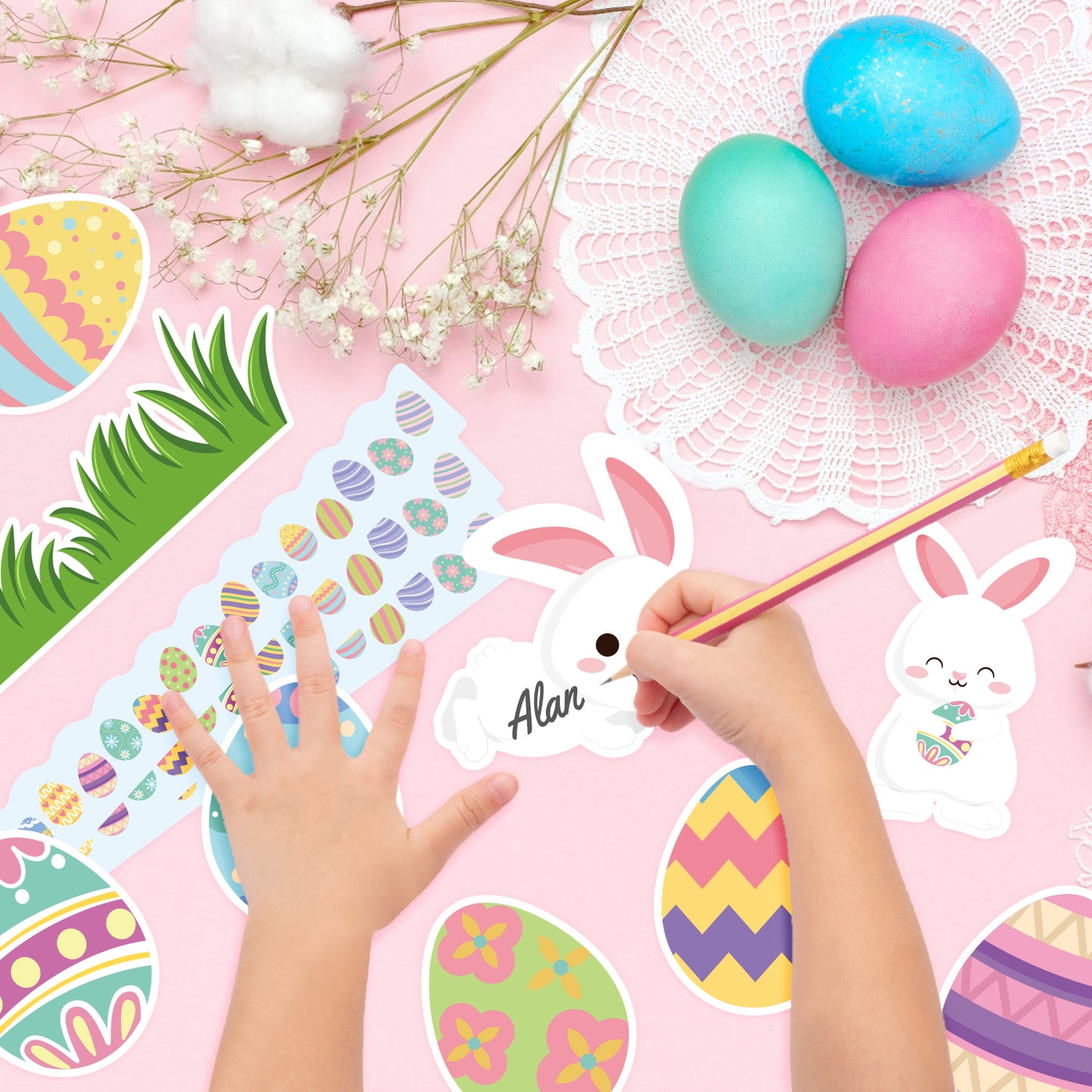 139Pcs Easter Bunny Spring Egg Bulletin Board Decoration Cutouts Set Contain Easter Egg, Bunny, Grass, Border, Cut-Outs with We are Egg Cited About Spring Character Happy Easter and Spring Season Visit the AsodSway Store