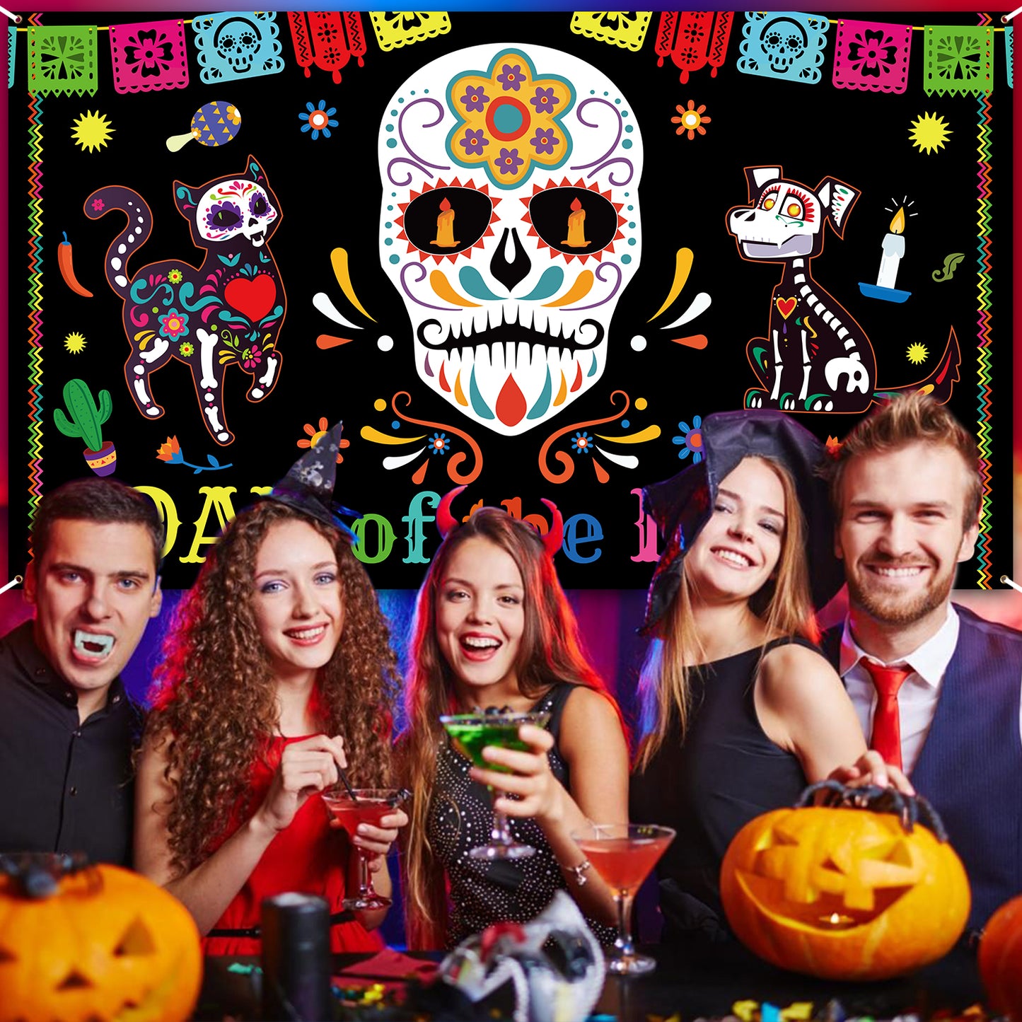 Day of The Dead Backdrop Banner Christmas Birthday Party Background Extra Large Backdrops Dia DE Los Muertos Night Supplies for Indoor Outdoor Photo Booth Props New Year Gifts