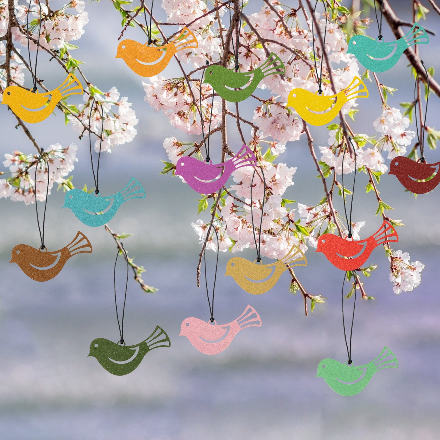 46Pcs Spring Mini Bird Finch Reversible Wooden Hanging Ornament Decorations, Welcome Spring Wood Finch Ornaments Bird Cage Tree Decor Spring Party Supplies, Spring Valentine's Day Gifts for Children