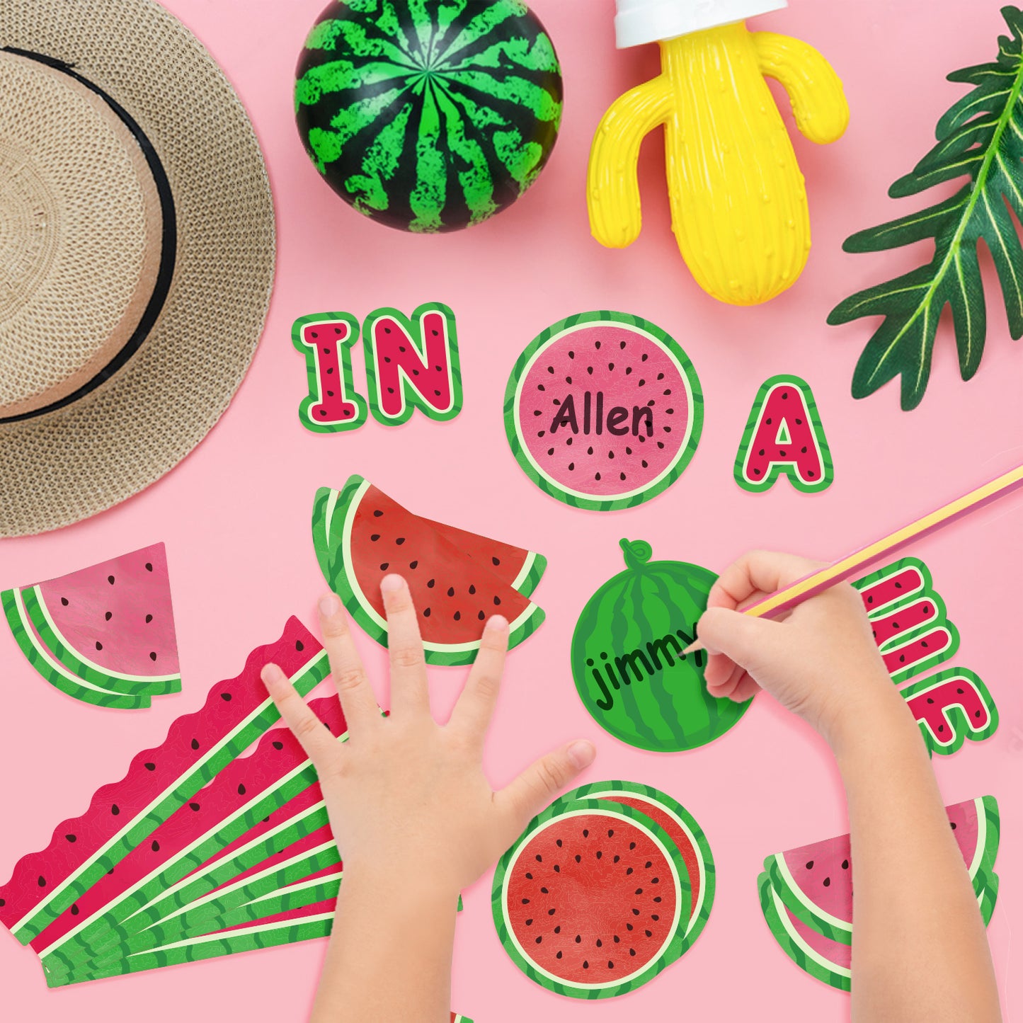 111Pcs Summer Watermelon Fruit Bulletin Board Decoration Cutouts Set Contain Cut Watermelon, Complete Watermelon, Barrel, Border and Words with "We Are One In A Melon" For Summer Holiday Classroom or Home Decoration