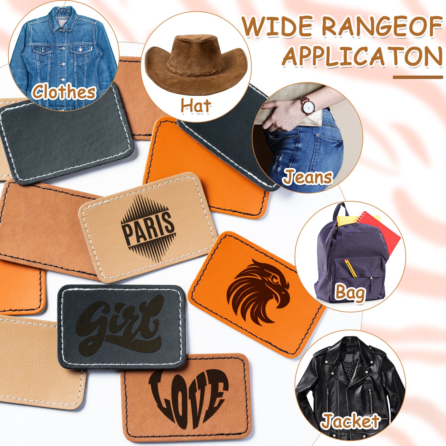 60Pcs Blank Leatherette Hat Patches with Adhesive, 4 Style Colors for Gray, Khaki, Brown, Cow Skin Rustic Leatherette Rectangle Patches for DIY Hats or Clothes Fabric Repair Sew Laser Supplies