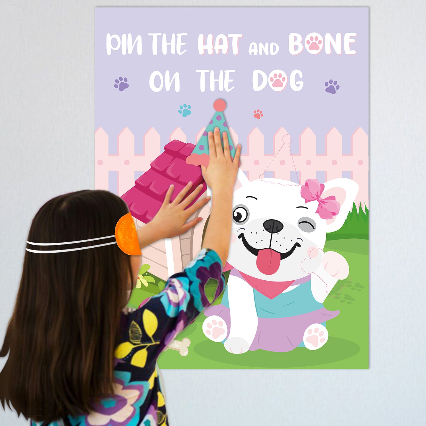 Pink Dog Pin the Hat and Bone On The Dog Party Games Supplies Dog Birthday Party Poster Games for Girl and Kids Animal Theme Christmas Party Favor (Includes 2 Blindfolds)
