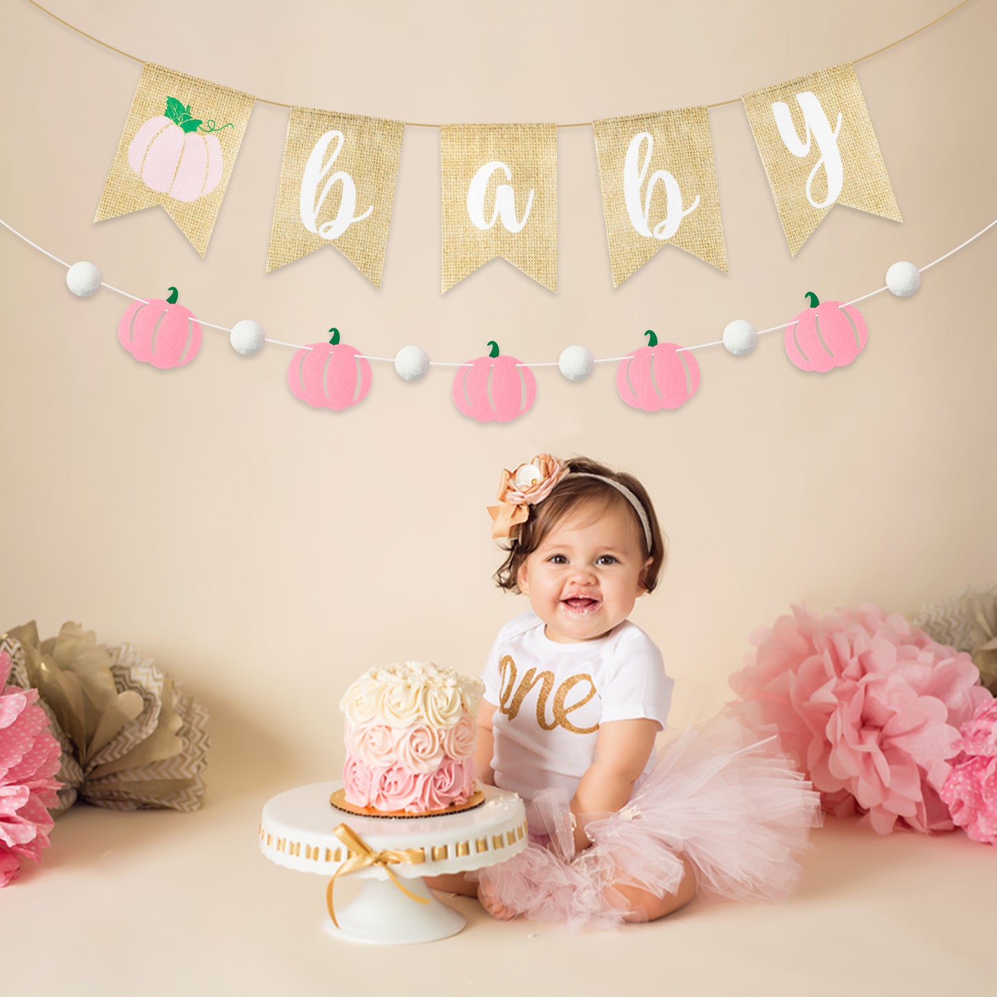2Pcs Pink Pumpkin Baby Banner Fall Baby Shower Burlap Garland Rustic Season Little Pumpkin Banner Pull Flag Fall Baby Shower Birthday theme Party Wall Decor