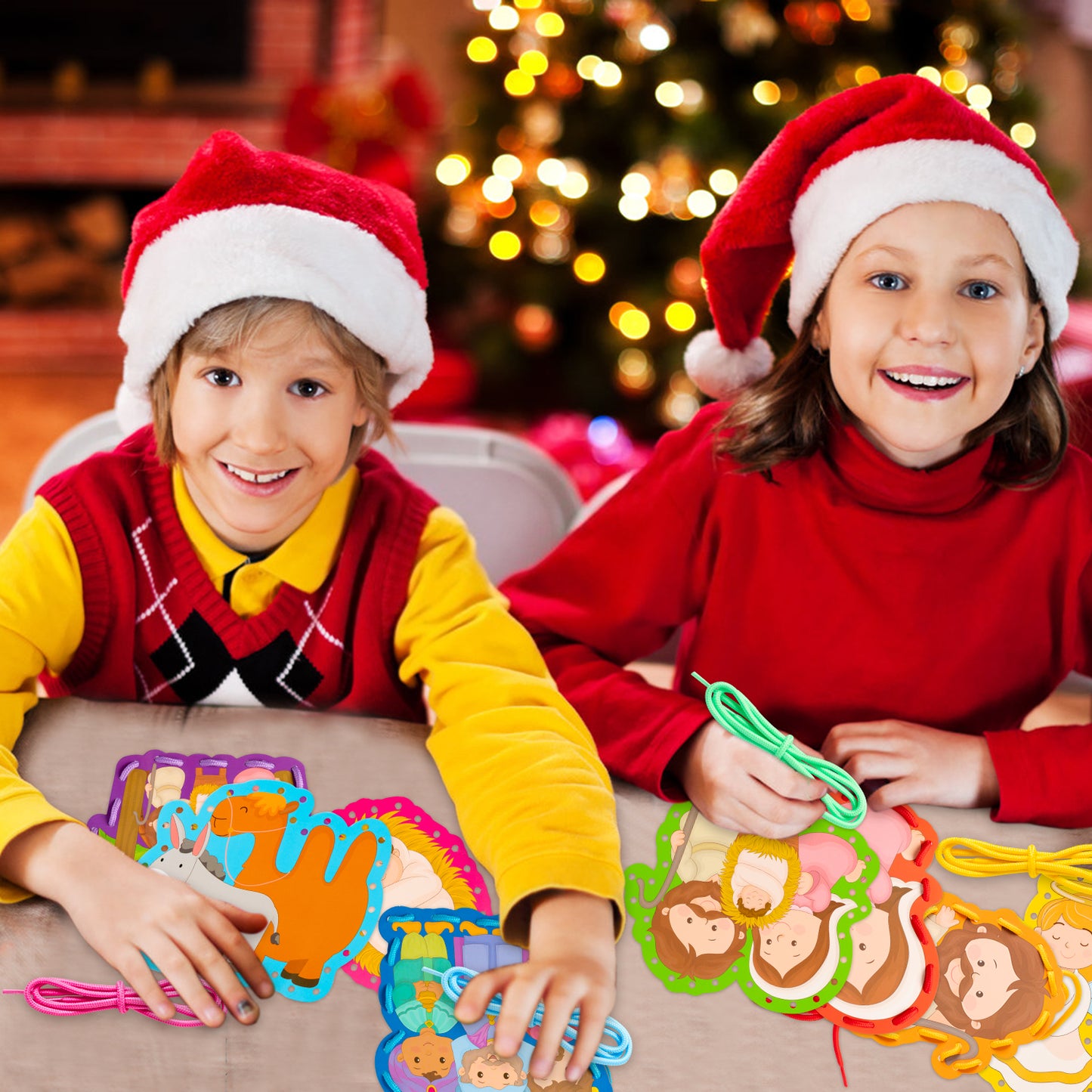 18Pcs Nativity Lacing Cards Christmas Nativity Sewing Cards: 9 Patterns Nativity Theme Games for Developing Kids Imagination Party Supplies Children Sewing Game Favors (Family, Angel Style)