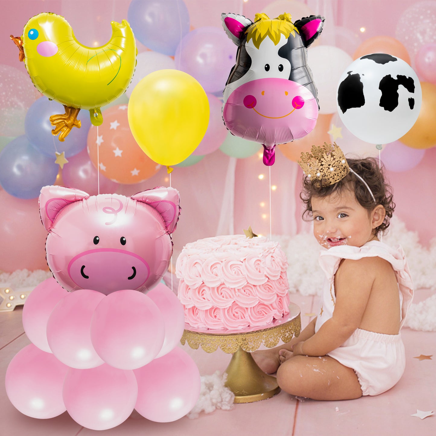 54Pcs Farm Animal Pattern Balloon Decorations Piglet Small Yellow Chicken Cow Sheep Donkey Farm Animal Print Balloon Tower Sculpture Family Photo Booth Courtyard Decoration Farm Theme Party Supplies
