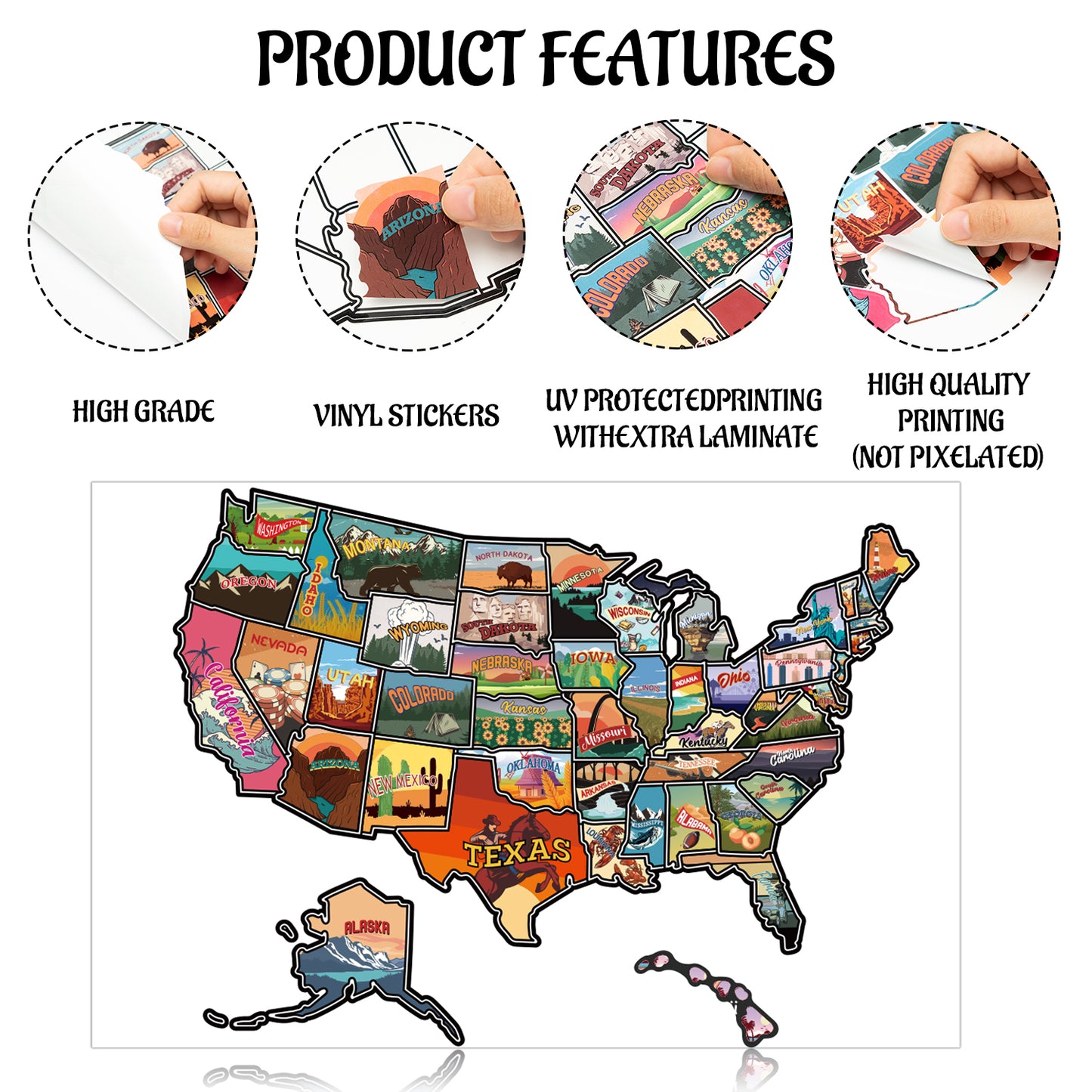 RV State Travel USA Map Sticker, United States Stickers Vinyl Map RV Decals Travel Trailer Camper Map of America Waterproof Decals for Window, Door or Wall, United States Map Decal with State Stickers Trip Camper Trailer Accessories