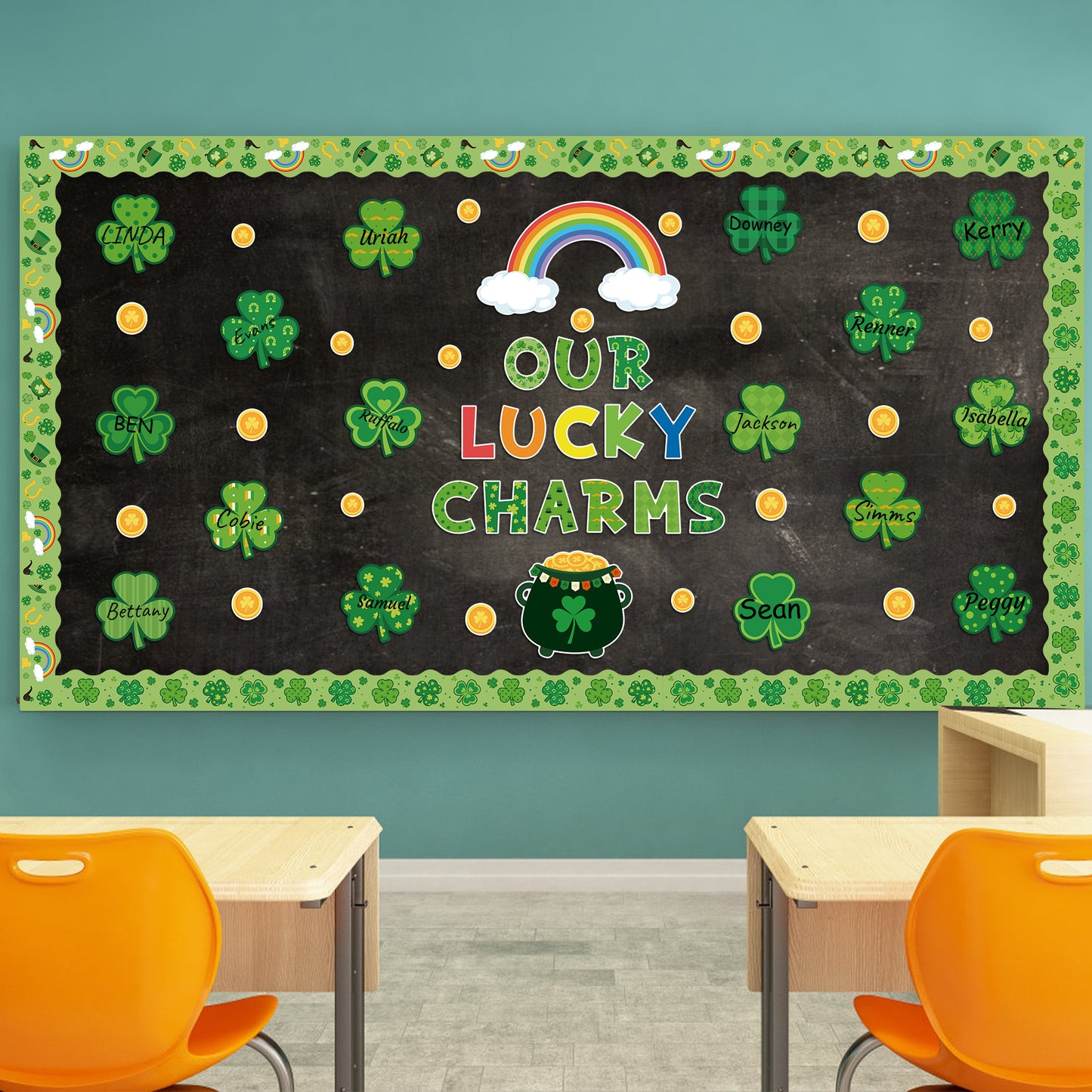 121Pcs St.Patrick Day Shamrock Bulletin Board Decoration Cutouts Set Contain Clover, Gold, Rainbow, Stockpot, Border with Characters About Our Lucky Charms Happy St.Patrick and Home Decoration