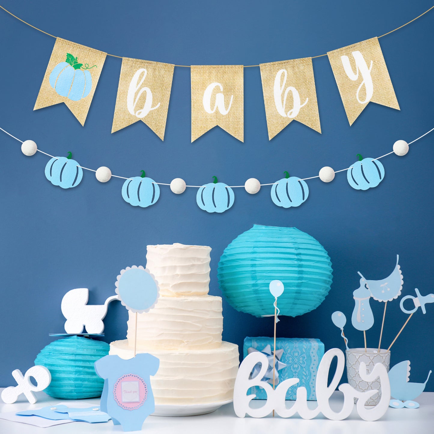 2Pcs Blue Pumpkin Banner Fall Baby Shower Burlap Garland Rustic Season Little Pumpkin Banner Pull Flag Fall Baby Shower Birthday theme Party Wall Decor