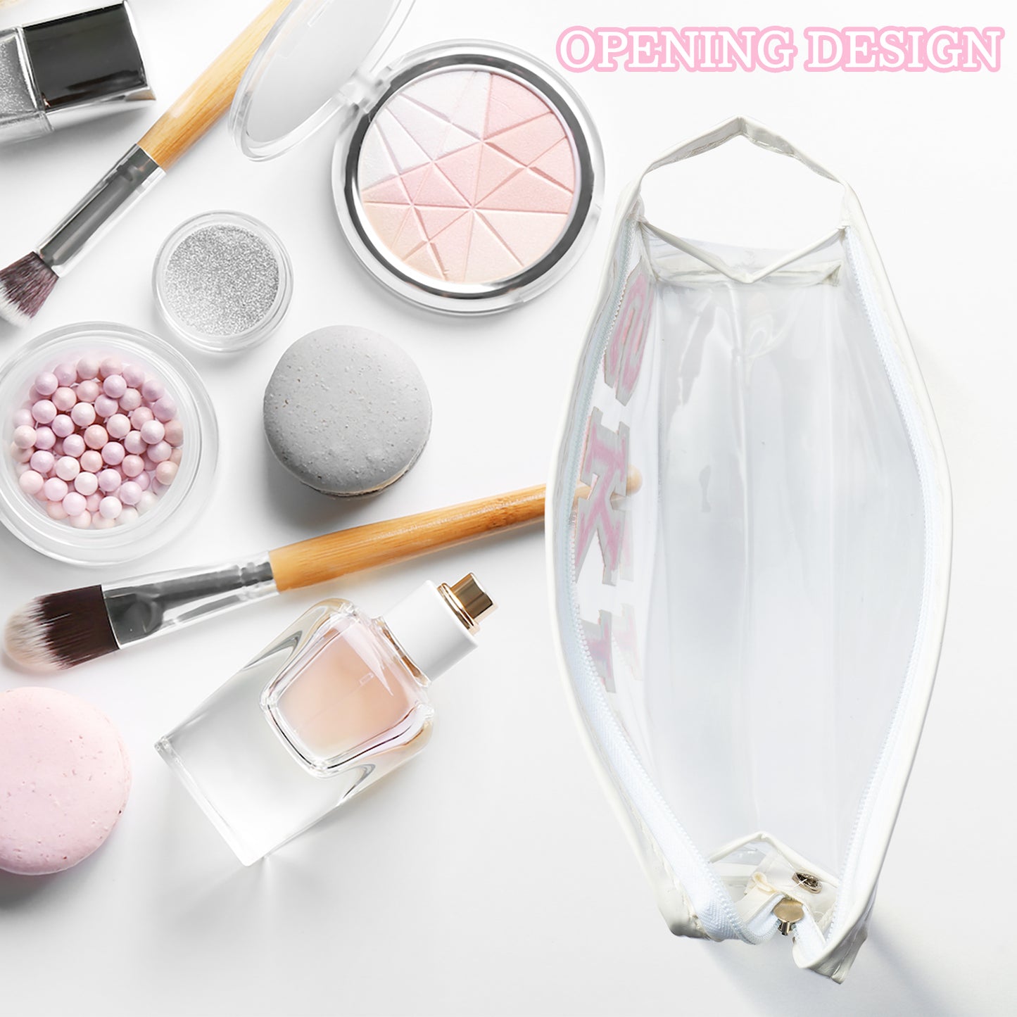 Preppy Patch SKIN Bag Varsity Letter Cosmetic Toiletry Bag Aesthetic Waterproof Portable Cosmetic Bag Daily Use Clutch Purse Transparent PVC Zipper Care Bag Travel Party Makeup Bag for Women Girls