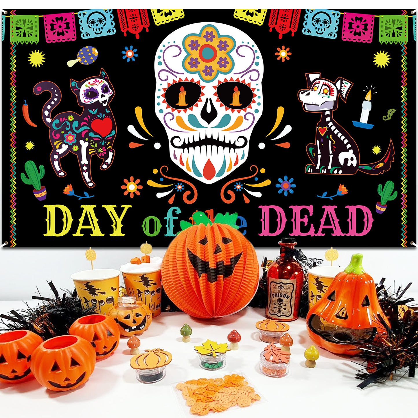 Day of The Dead Backdrop Banner Christmas Birthday Party Background Extra Large Backdrops Dia DE Los Muertos Night Supplies for Indoor Outdoor Photo Booth Props New Year Gifts