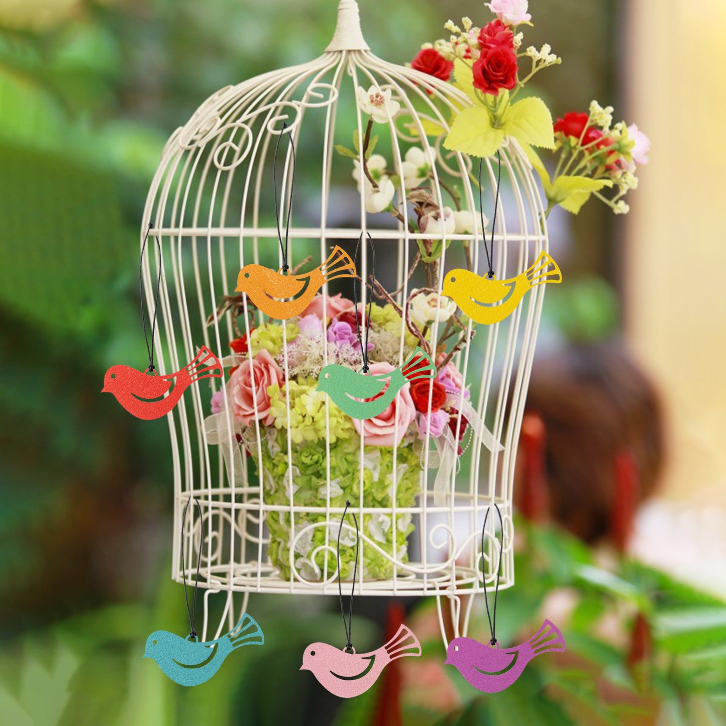 46Pcs Spring Mini Bird Finch Reversible Wooden Hanging Ornament Decorations, Welcome Spring Wood Finch Ornaments Bird Cage Tree Decor Spring Party Supplies, Spring Valentine's Day Gifts for Children
