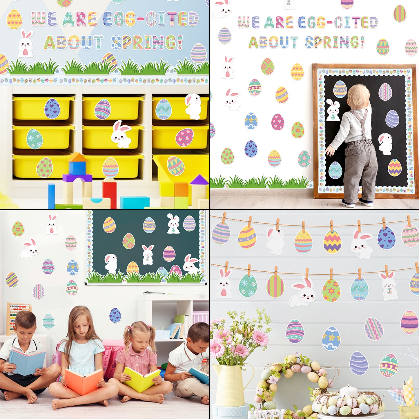 139Pcs Easter Bunny Spring Egg Bulletin Board Decoration Cutouts Set Contain Easter Egg, Bunny, Grass, Border, Cut-Outs with We are Egg Cited About Spring Character Happy Easter and Spring Season Visit the AsodSway Store