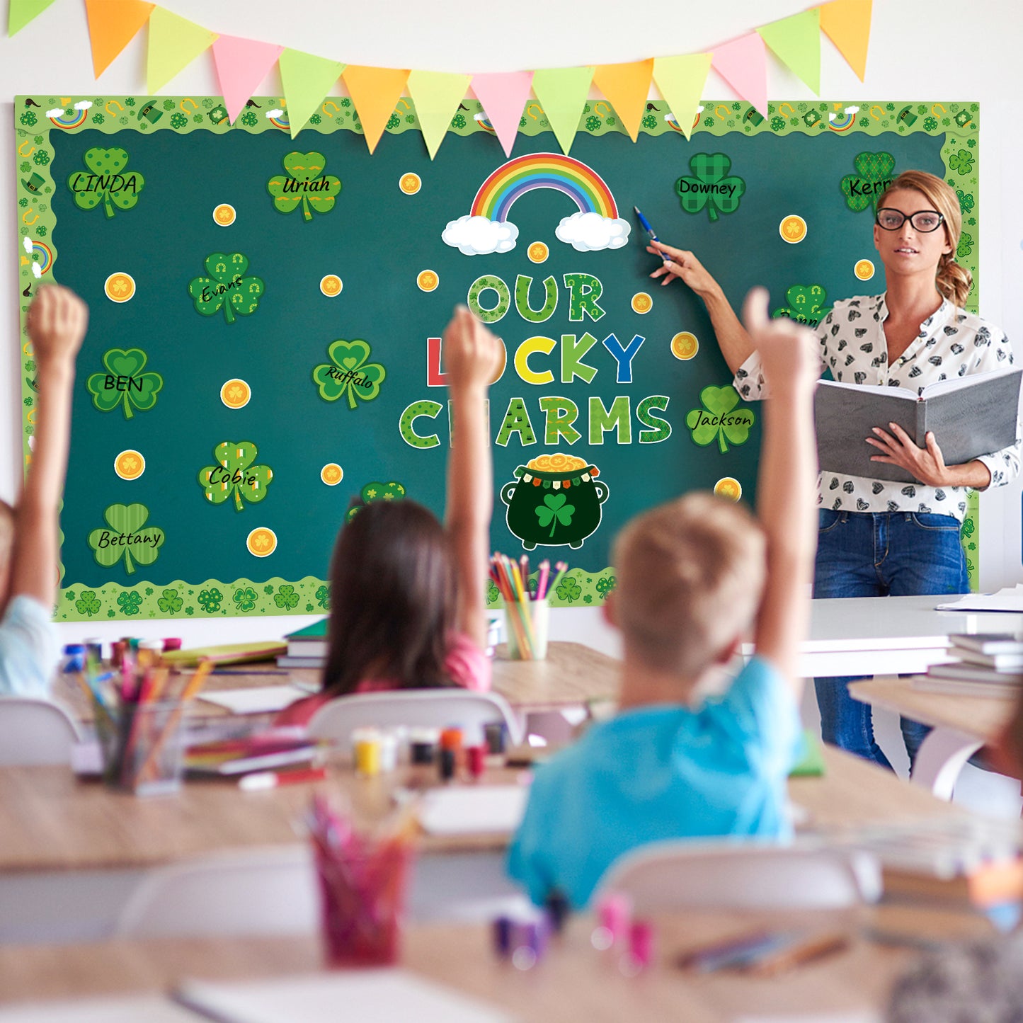 121Pcs St.Patrick Day Shamrock Bulletin Board Decoration Cutouts Set Contain Clover, Gold, Rainbow, Stockpot, Border with Characters About Our Lucky Charms Happy St.Patrick and Home Decoration