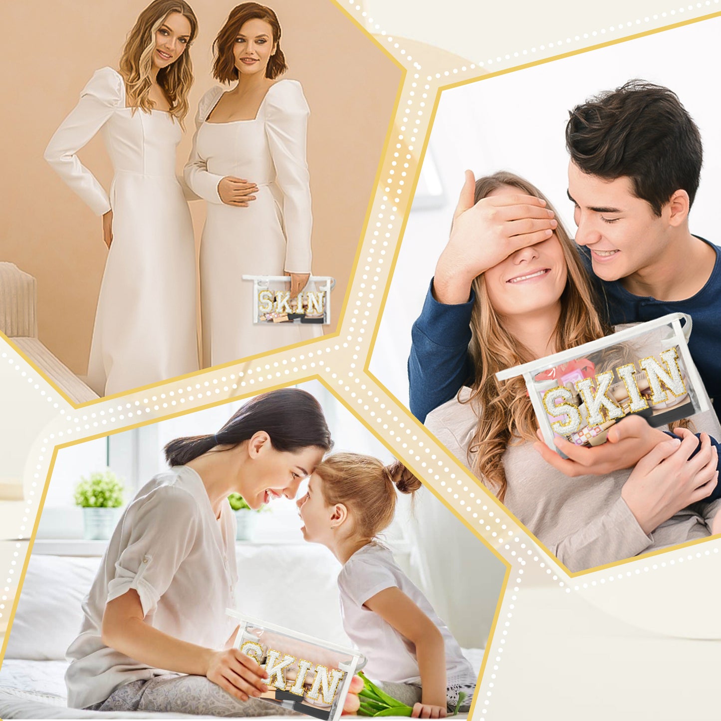 Preppy Patch SKIN Bag Varsity Letter Cosmetic Toiletry Bag Aesthetic Waterproof Portable Cosmetic Bag Daily Use Clutch Purse Transparent PVC Zipper Care Bag Travel Party Makeup Bag for Women Girls