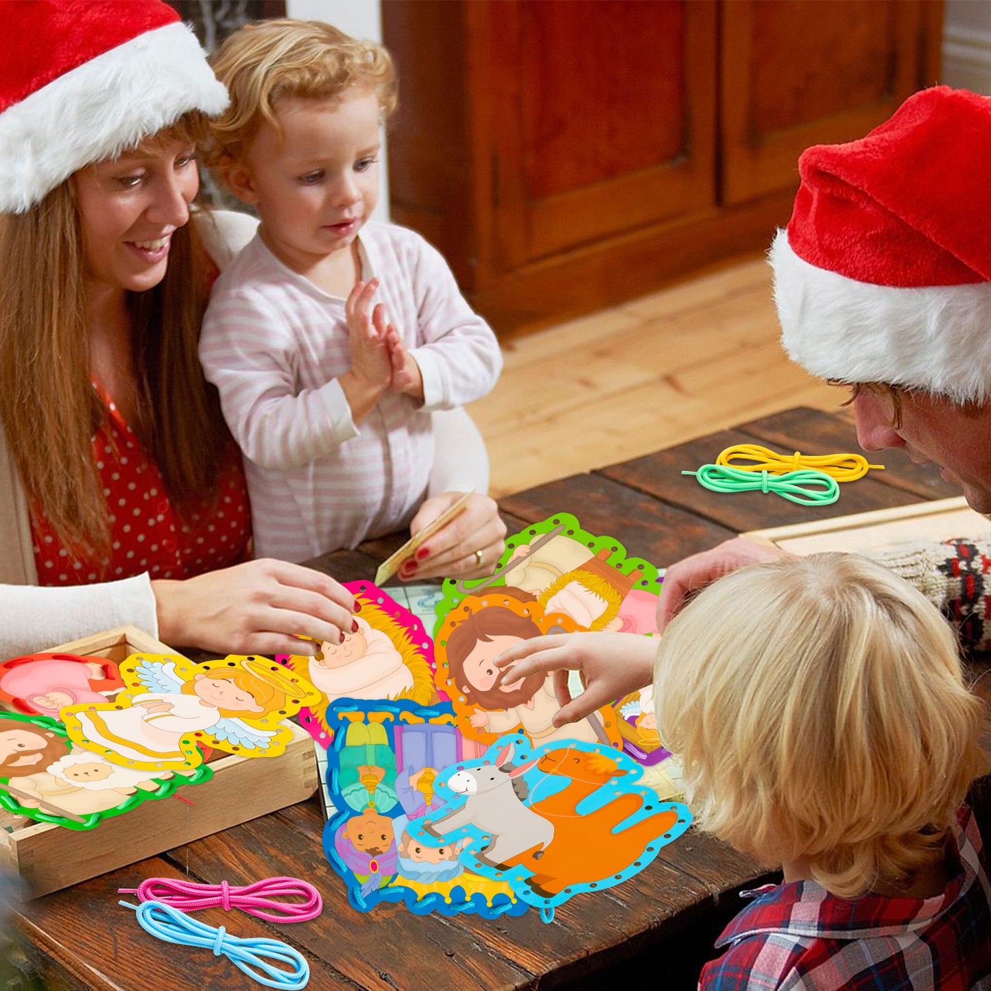 18Pcs Nativity Lacing Cards Christmas Nativity Sewing Cards: 9 Patterns Nativity Theme Games for Developing Kids Imagination Party Supplies Children Sewing Game Favors (Family, Angel Style)