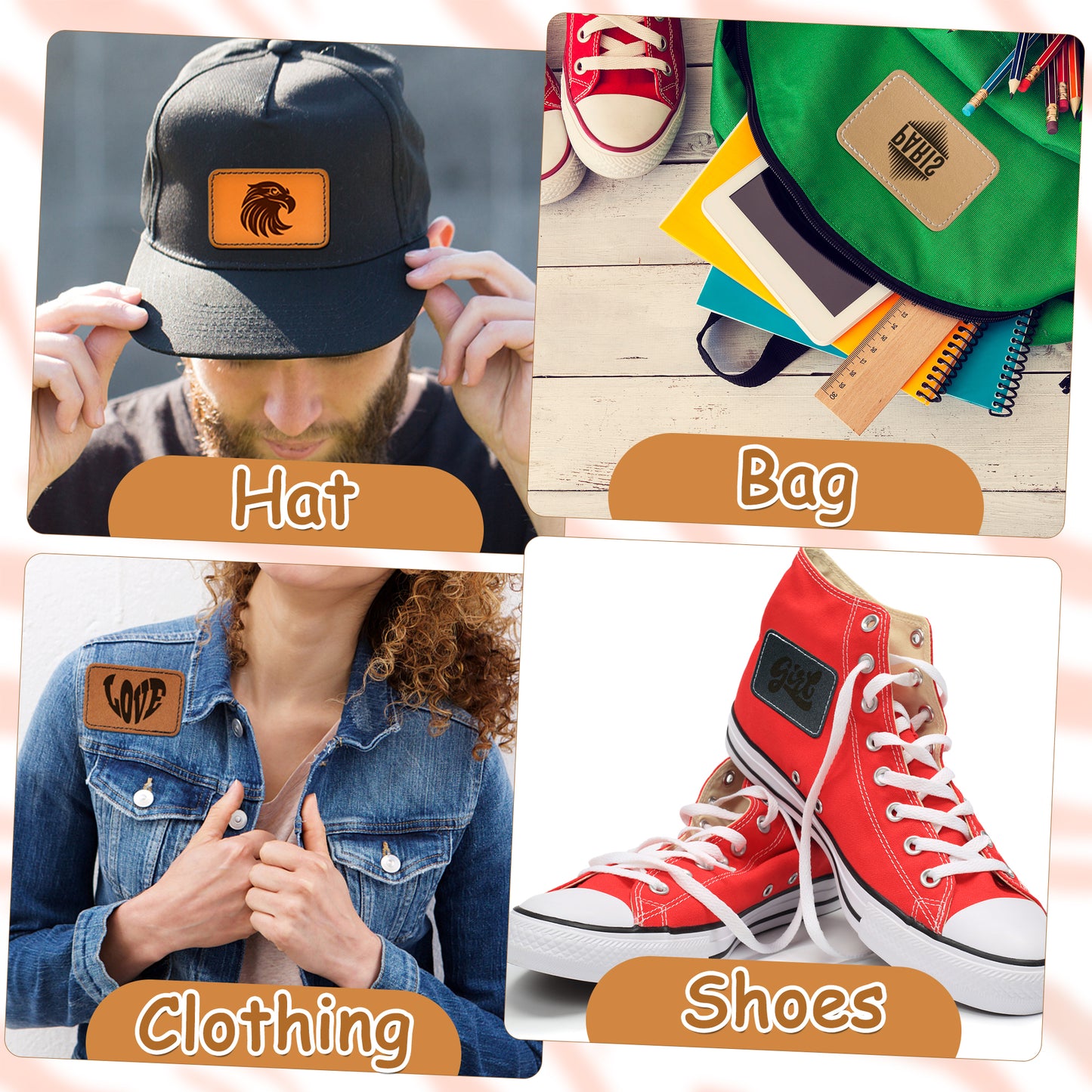 60Pcs Blank Leatherette Hat Patches with Adhesive, 4 Style Colors for Gray, Khaki, Brown, Cow Skin Rustic Leatherette Rectangle Patches for DIY Hats or Clothes Fabric Repair Sew Laser Supplies