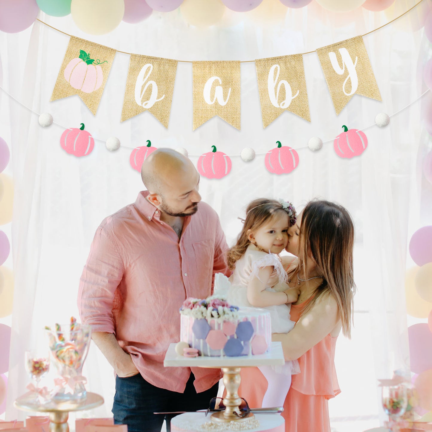 2Pcs Pink Pumpkin Baby Banner Fall Baby Shower Burlap Garland Rustic Season Little Pumpkin Banner Pull Flag Fall Baby Shower Birthday theme Party Wall Decor