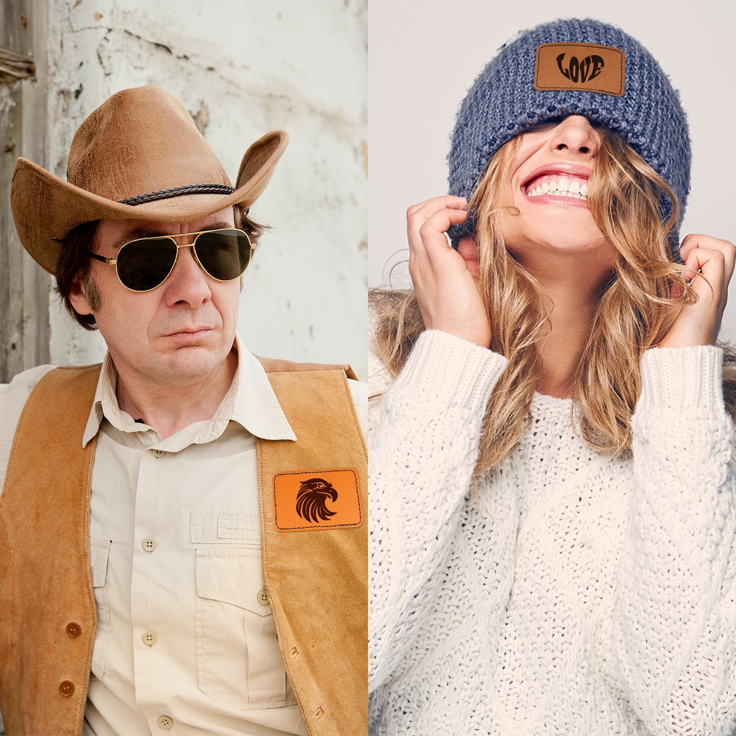 60Pcs Blank Leatherette Hat Patches with Adhesive, 4 Style Colors for Gray, Khaki, Brown, Cow Skin Rustic Leatherette Rectangle Patches for DIY Hats or Clothes Fabric Repair Sew Laser Supplies