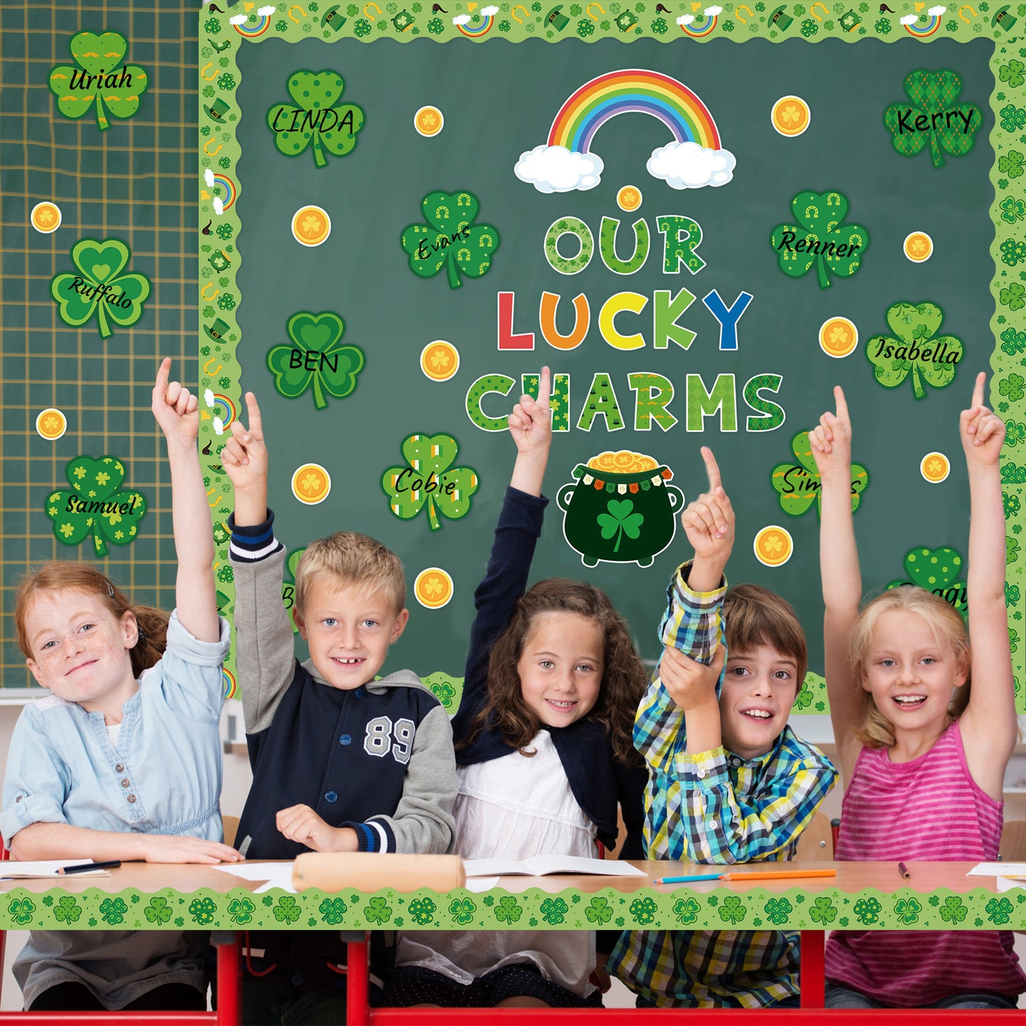 121Pcs St.Patrick Day Shamrock Bulletin Board Decoration Cutouts Set Contain Clover, Gold, Rainbow, Stockpot, Border with Characters About Our Lucky Charms Happy St.Patrick and Home Decoration