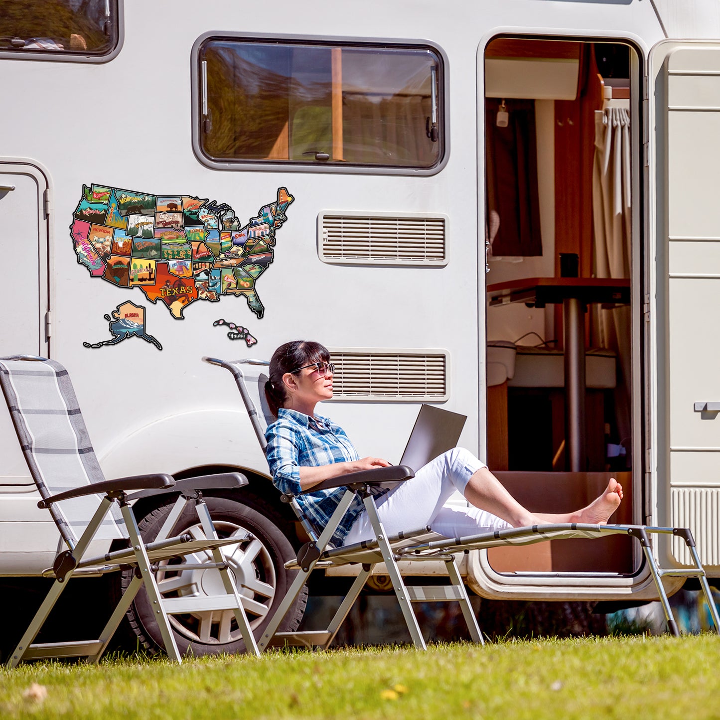 RV State Travel USA Map Sticker, United States Stickers Vinyl Map RV Decals Travel Trailer Camper Map of America Waterproof Decals for Window, Door or Wall, United States Map Decal with State Stickers Trip Camper Trailer Accessories