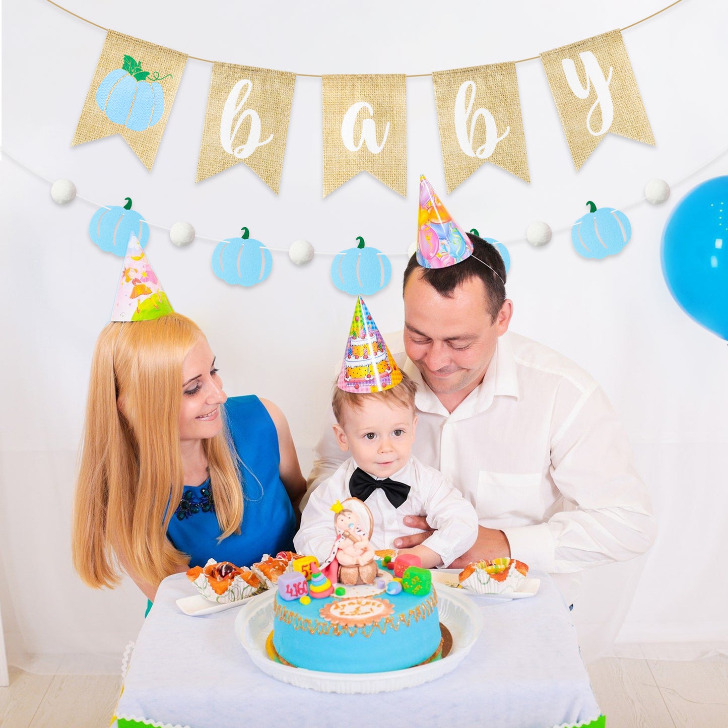 2Pcs Blue Pumpkin Banner Fall Baby Shower Burlap Garland Rustic Season Little Pumpkin Banner Pull Flag Fall Baby Shower Birthday theme Party Wall Decor